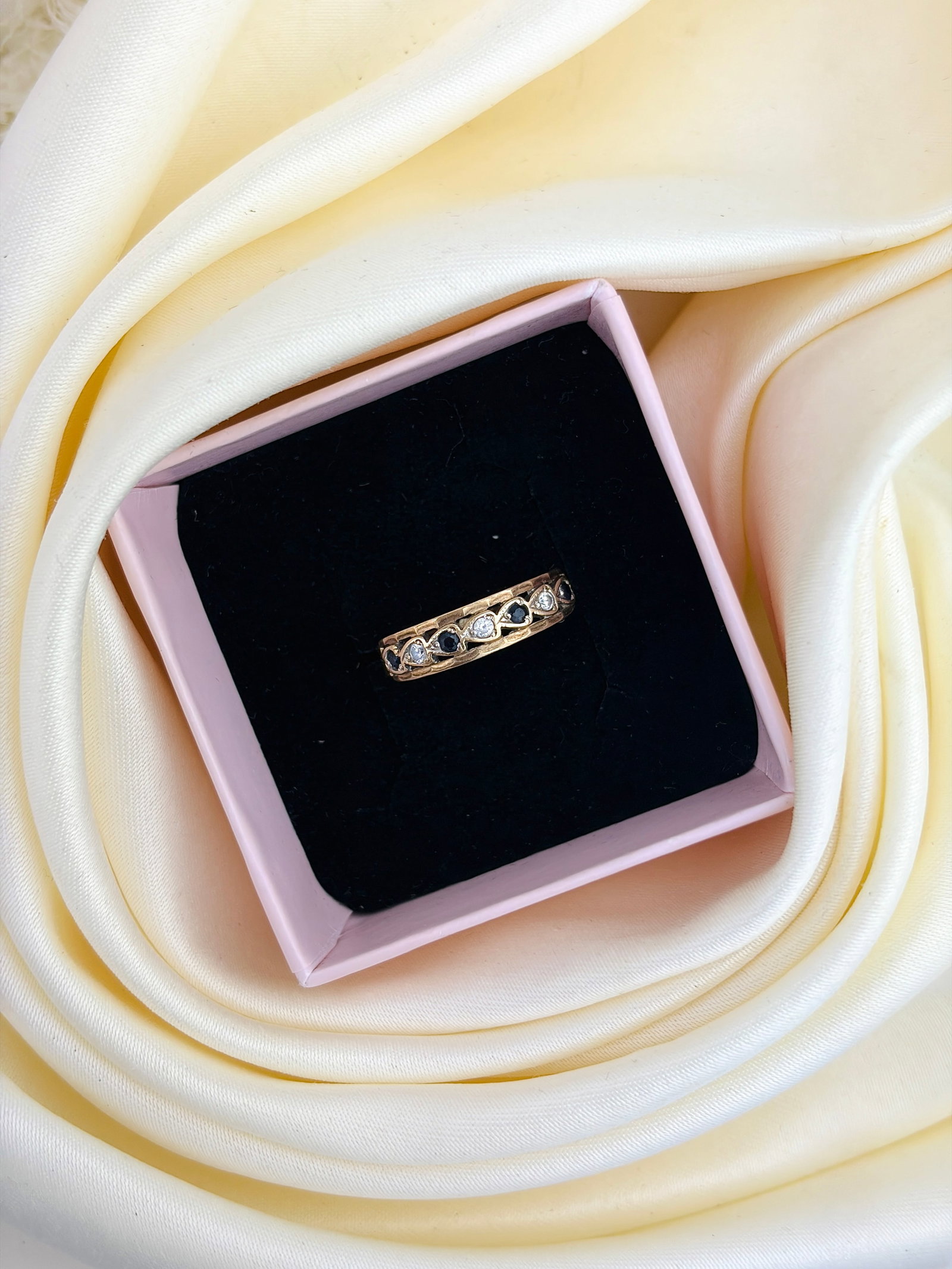 Vintage 9ct Yellow Gold Sapphire and Diamond Half Hoop Ring - 9