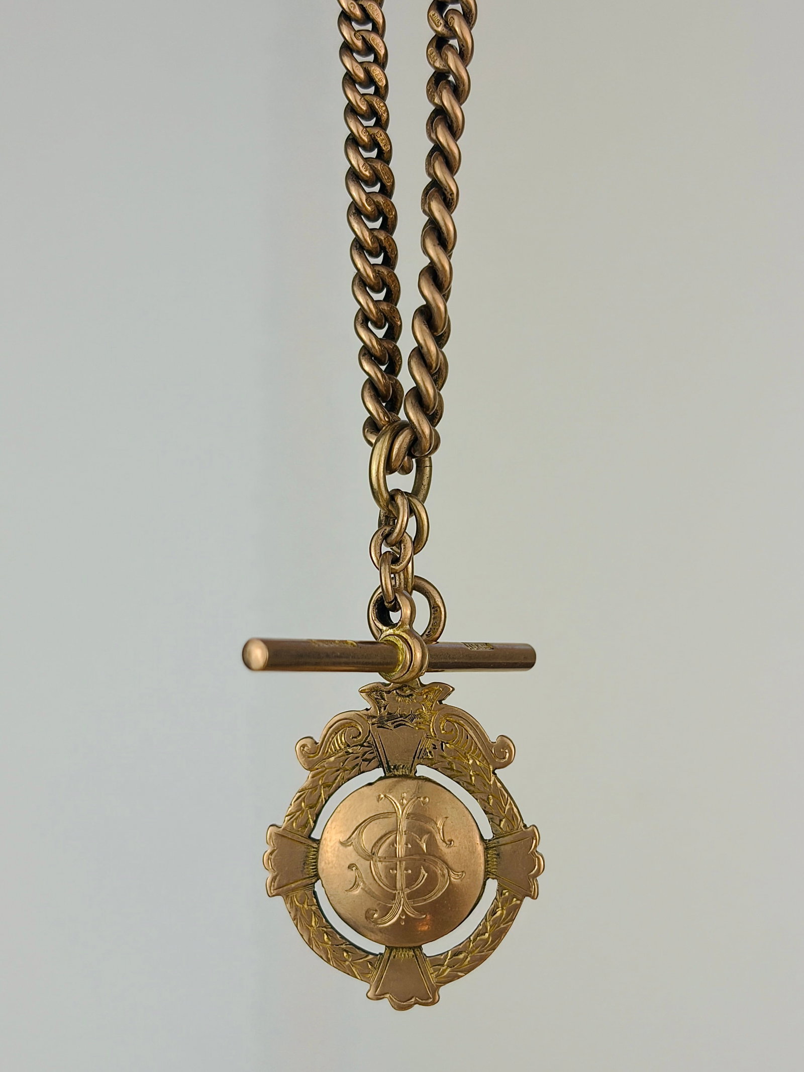 heavy antique 9ct yellow gold double Albert chain necklace with dog clips bar and medal pendant (1 of 6)