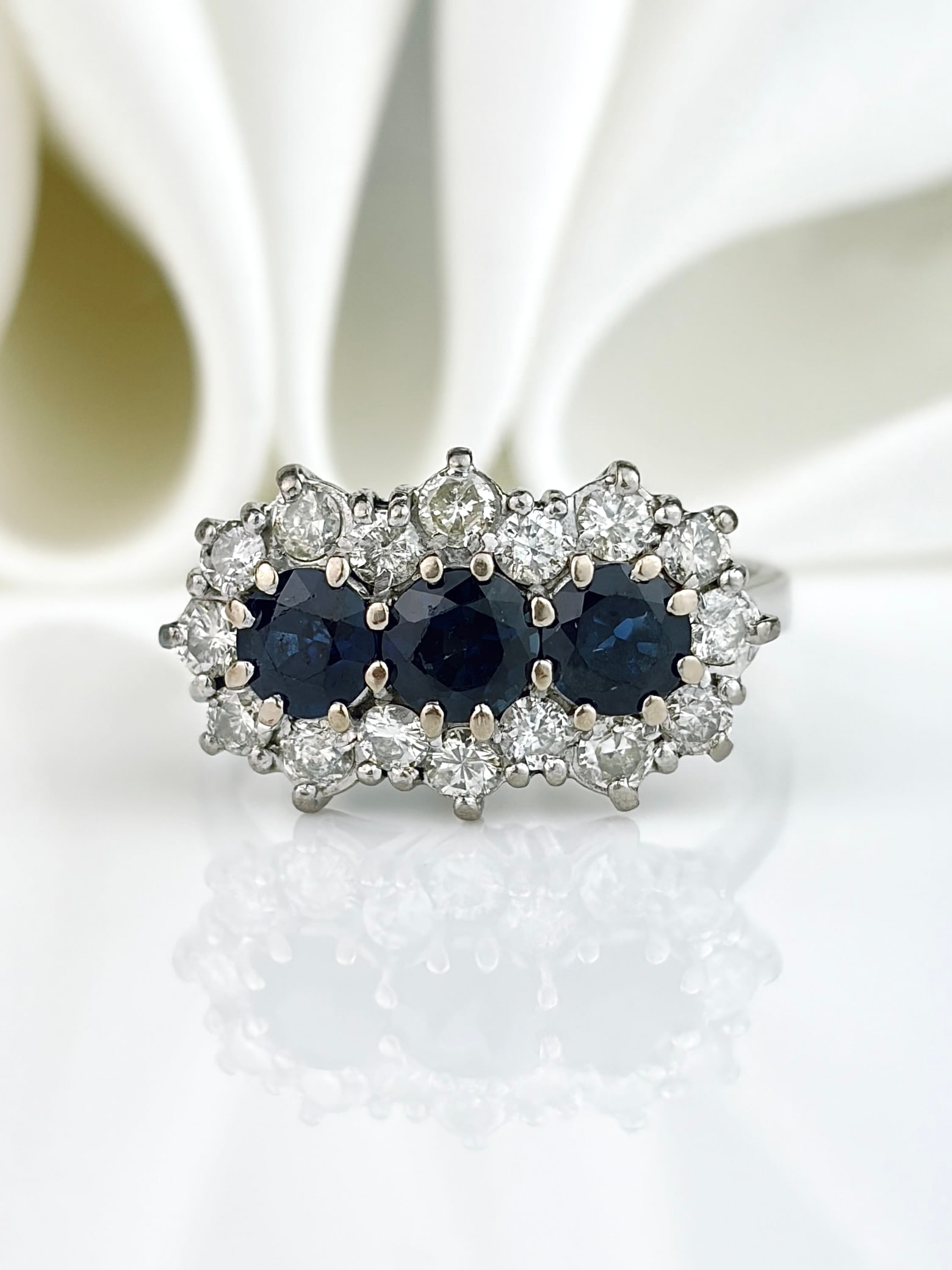 Chunky Vintage 18ct White Gold Sapphire and Diamond Triple Cluster Ring (1 of 9)