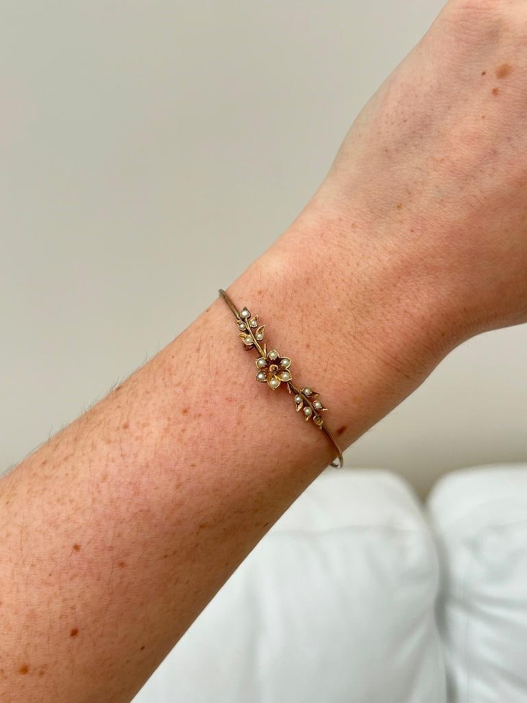Antique Gold Pearl Bangle Bracelet - 6