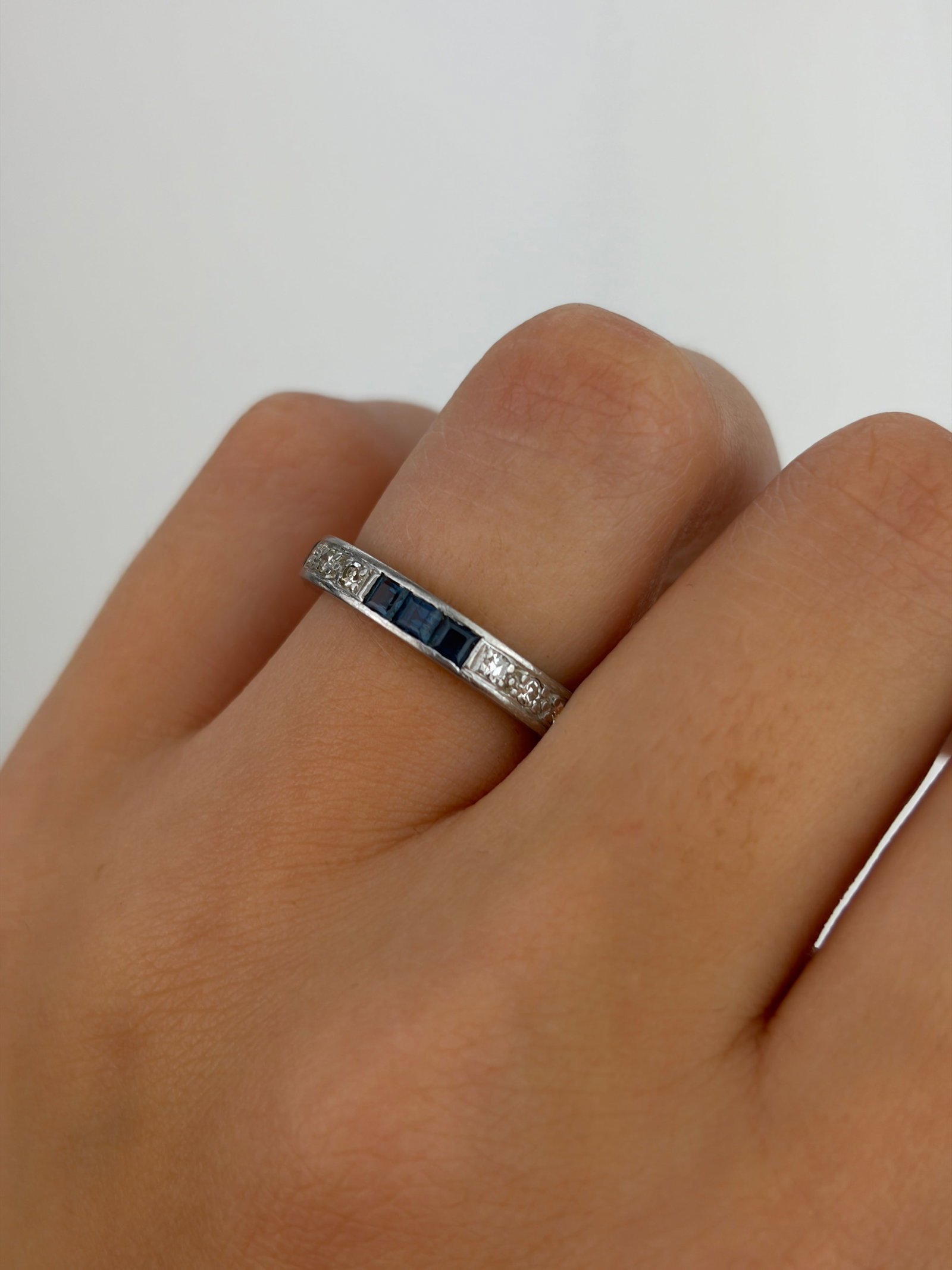Antique Platinum Sapphire and Diamond Full Eternity Band Ring - 7