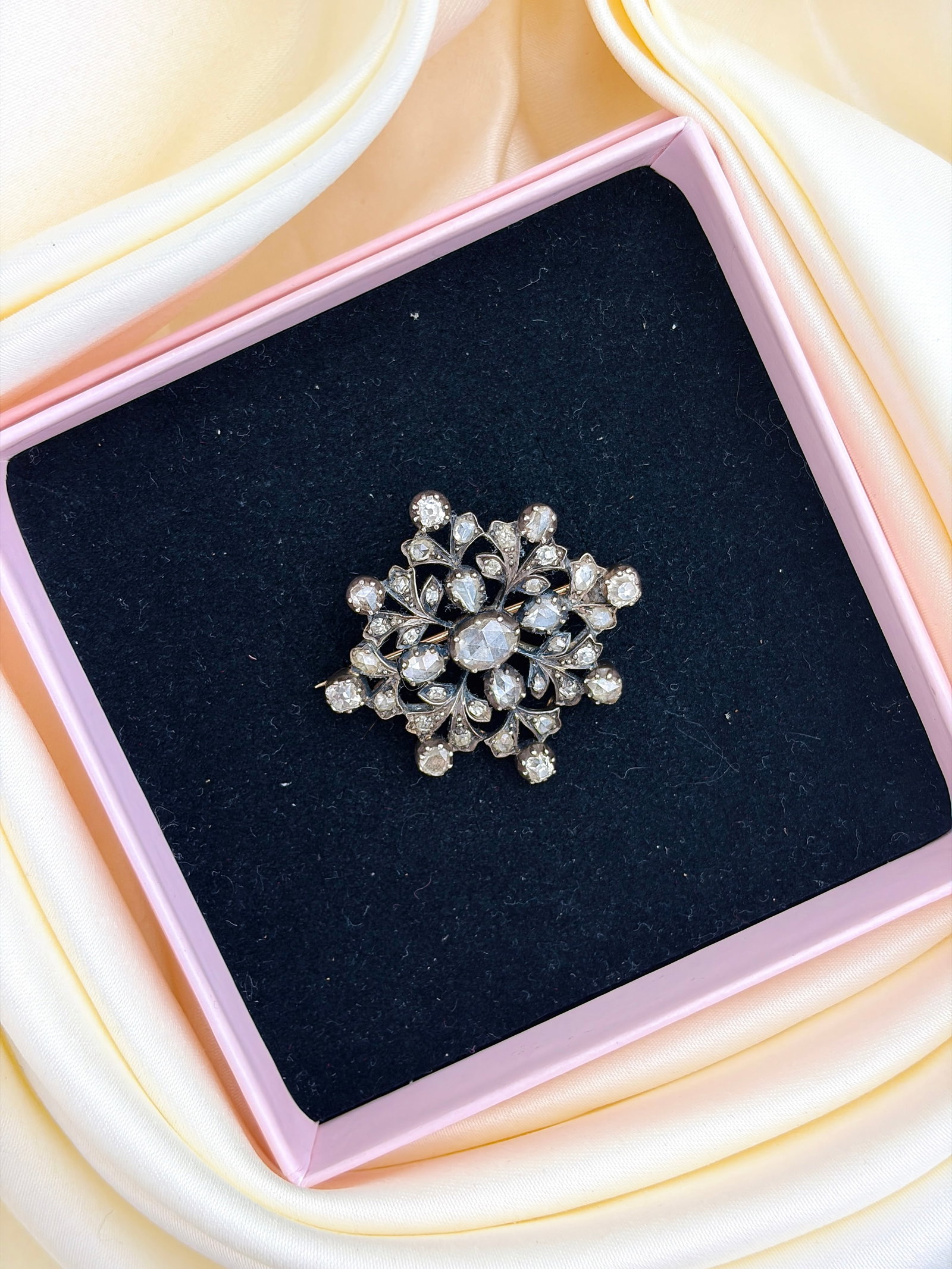 Victorian Antique Rose Cut Diamond Floral Brooch - 5