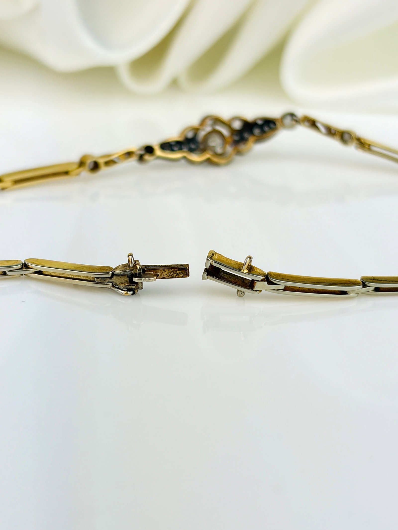 Antique Art Deco Era 18ct Yellow Gold Diamond Flower Bracelet - 6