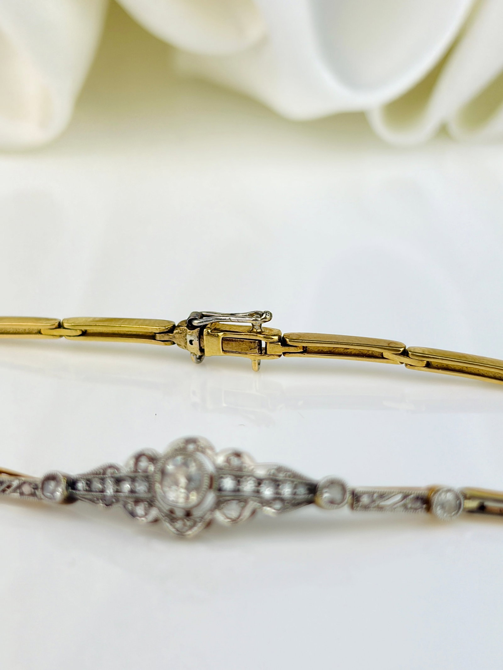 Antique Art Deco Era 18ct Yellow Gold Diamond Flower Bracelet - 7
