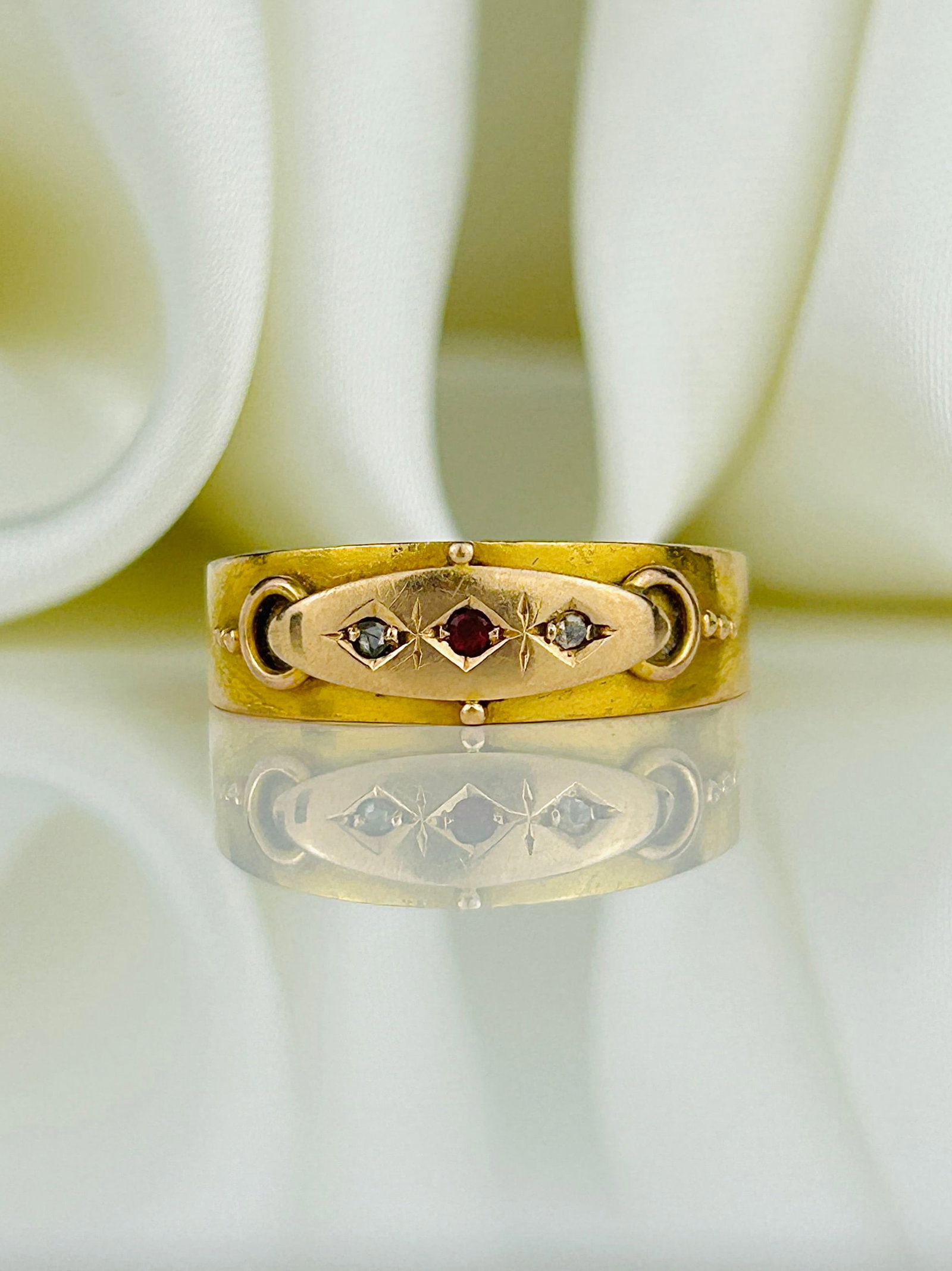 Antique C.1890 Ruby and Diamond 3 Stone Ring in 15ct Gold: Antique C.1890 Ruby and Diamond 3 Stone Ring in 15ct Gold Weight: 1.96g Size: UK P1/2, US 8.25, Height 5mm, Height off finger 1mm Materials: 15ct Gold Hallmarks: Fully Hallmarked 18ct,