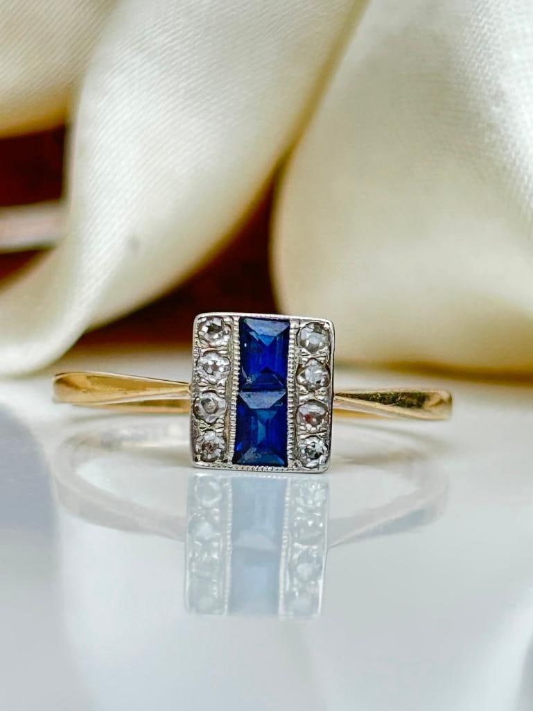 Antique 18ct Yellow Gold Sapphire and Diamond Ring: Antique 18ct Yellow Gold Sapphire and Diamond Ring sweet and dainty ring measurements size UK M US 61/2 head of ring 7mm x 6mm weight 2.26g materials&#