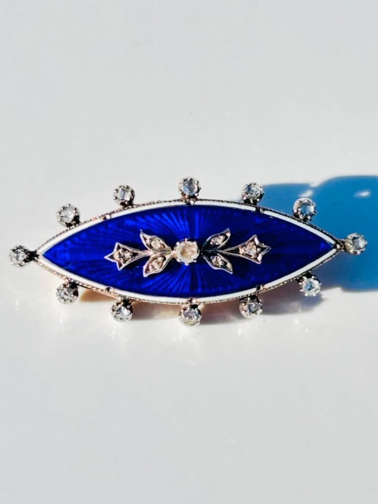 *Antique c.1860 Blue Enamel and Rose Cut Diamond Navette Shaped Brooch in Gold - 2