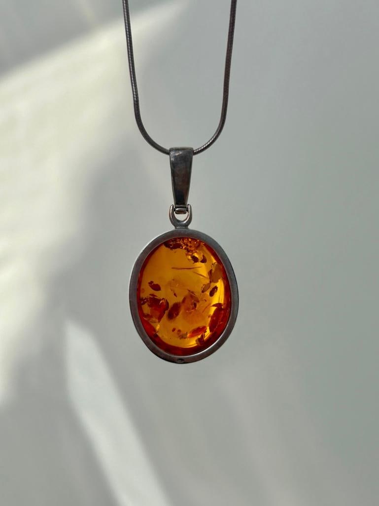 Large Silver Amber Pendant on Silver Chain - 5
