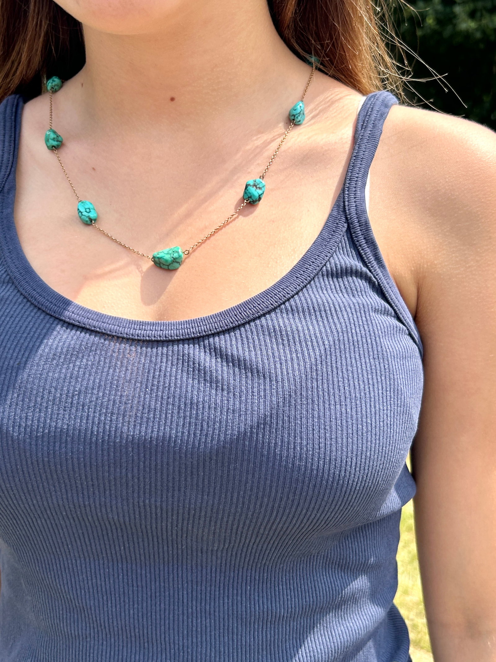 chunky matrix turquoise 9ct gold chain necklace - 3