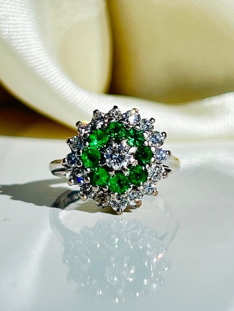 *Vintage 18 Carat White Gold Demantoid Garnet and Diamond Cluster Ring: Vintage 18 Carat White Gold Demantoid Garnet and Diamond Cluster Ring FULLY HALLMARKED LONDON 1974 diamond total .68ct (central stone 20ct) garnet total .64ct measurements <