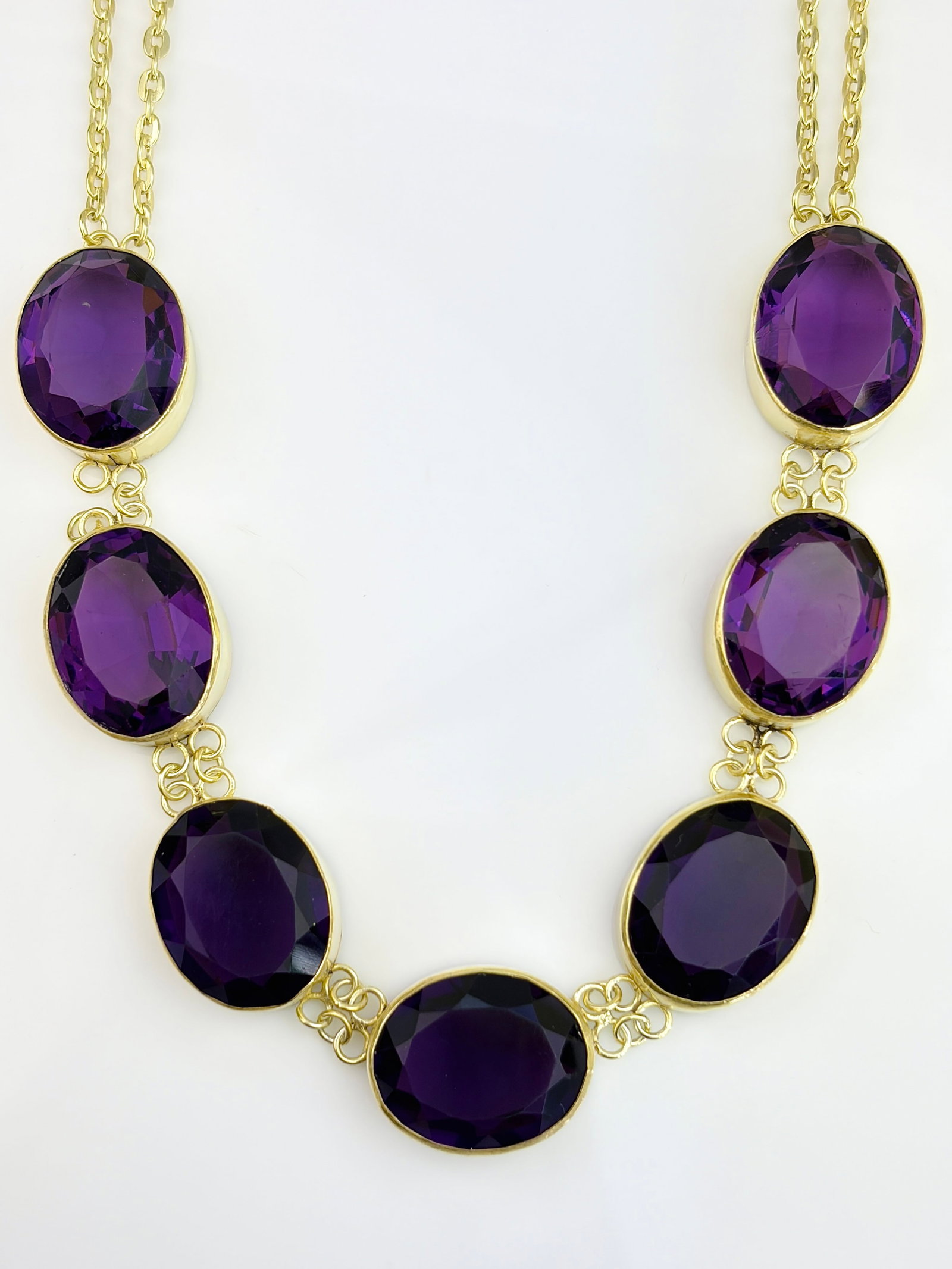 Chunky Antique Purple Paste Necklace in Silver Gilt: Chunky Antique Purple Paste Necklace in Silver Gilt Weight: 41.5g Size: length 42.5cm, width 16mm, depth 7mm Materials: Silver gilt Hallmarks: None present Condition: The overall