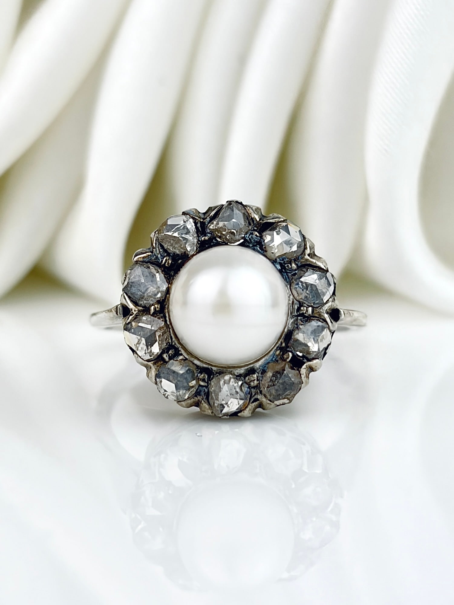 Antique White Gold Pearl and Rose Cut Diamond Cluster Ring: Antique White Gold Pearl and Rose Cut Diamond Cluster Ring A true show stopper!