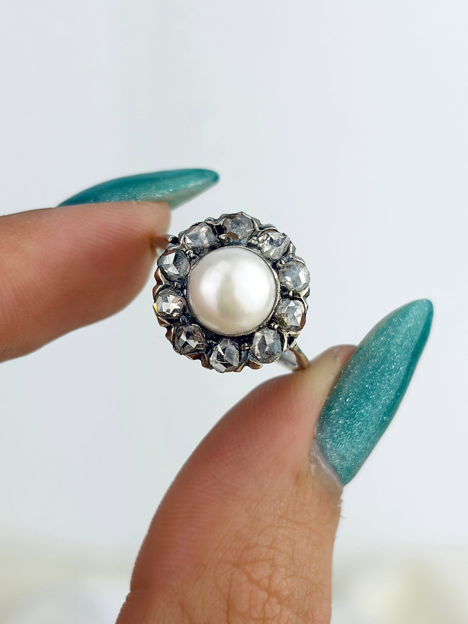 Antique White Gold Pearl and Rose Cut Diamond Cluster Ring - 5