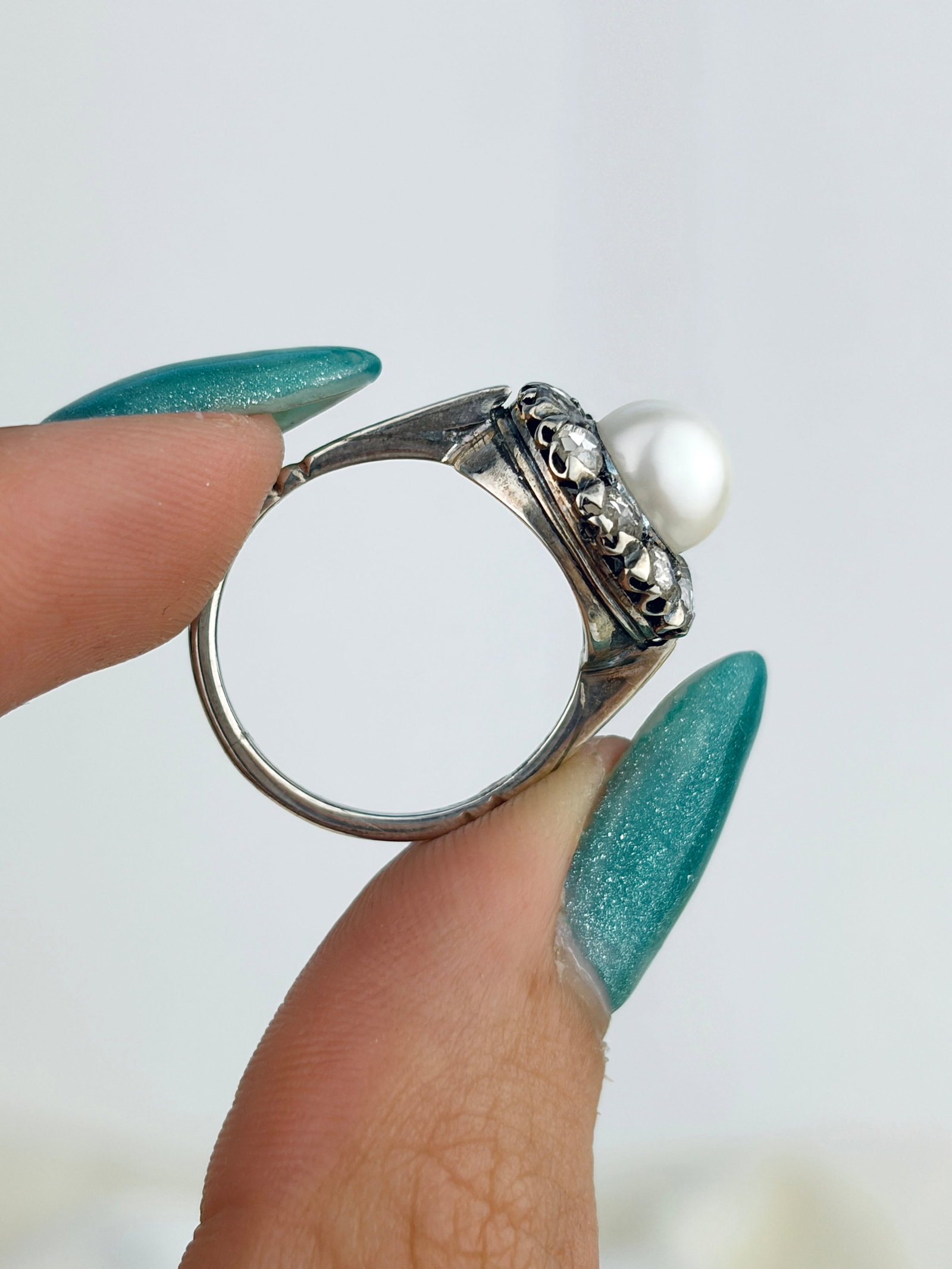 Antique White Gold Pearl and Rose Cut Diamond Cluster Ring - 6