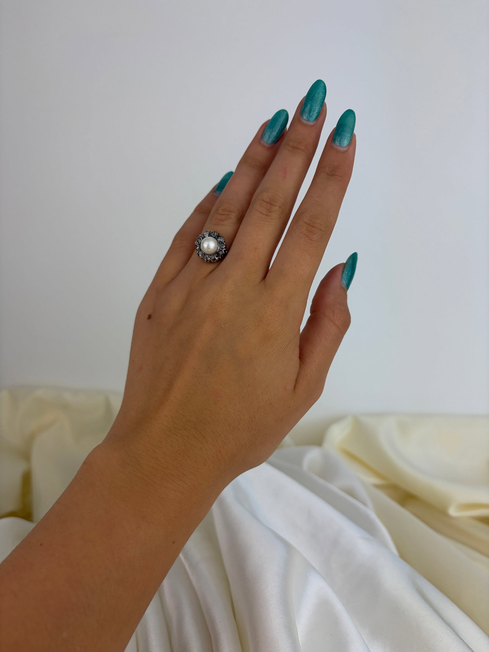 Antique White Gold Pearl and Rose Cut Diamond Cluster Ring - 7