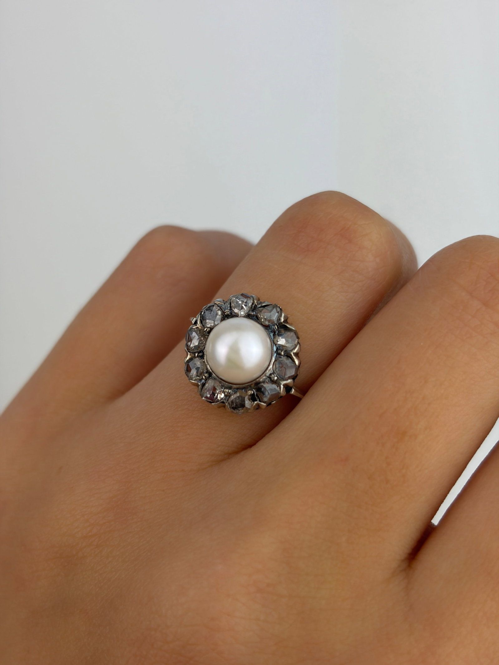 Antique White Gold Pearl and Rose Cut Diamond Cluster Ring - 8