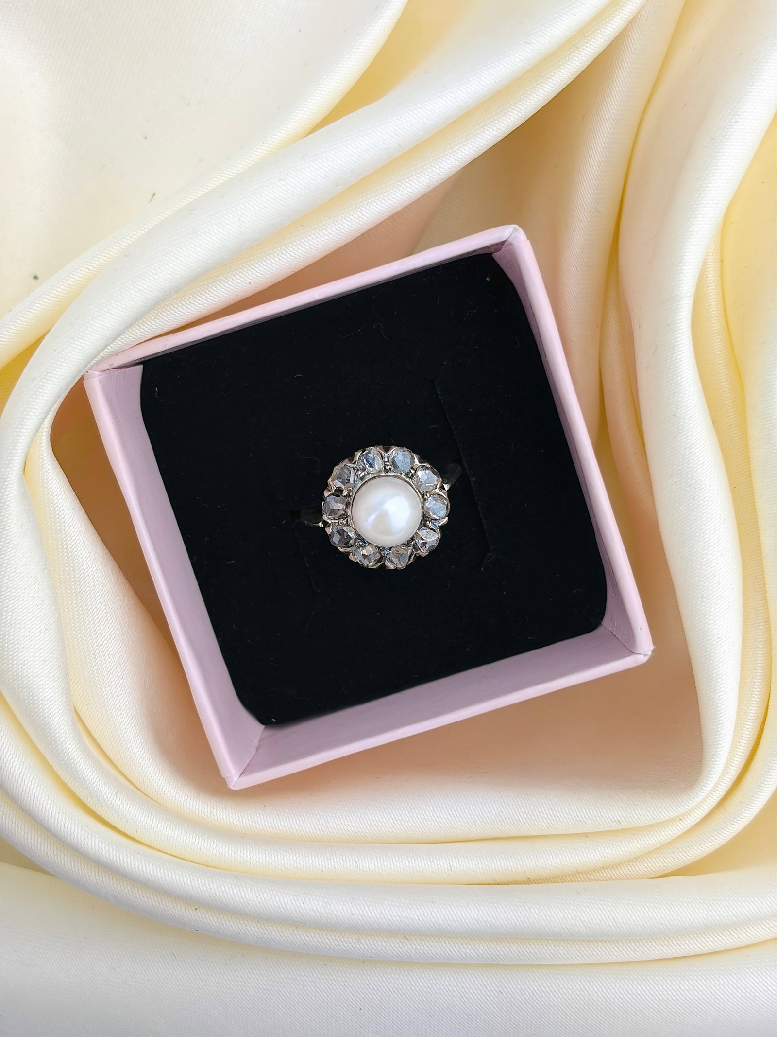 Antique White Gold Pearl and Rose Cut Diamond Cluster Ring - 9