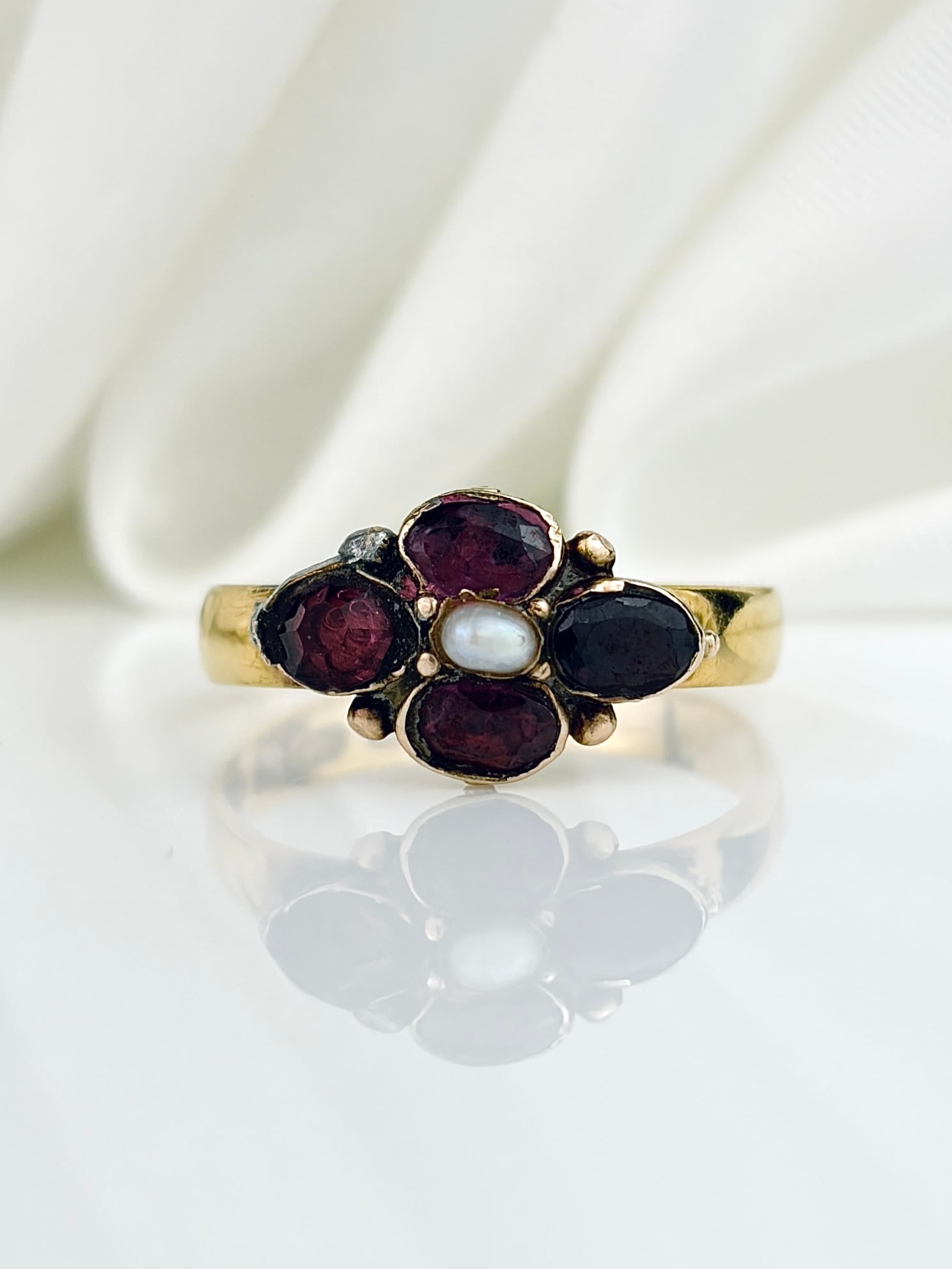 Antique 22ct Yellow Gold Garnet and Pearl Cluster Ring (1 of 7)