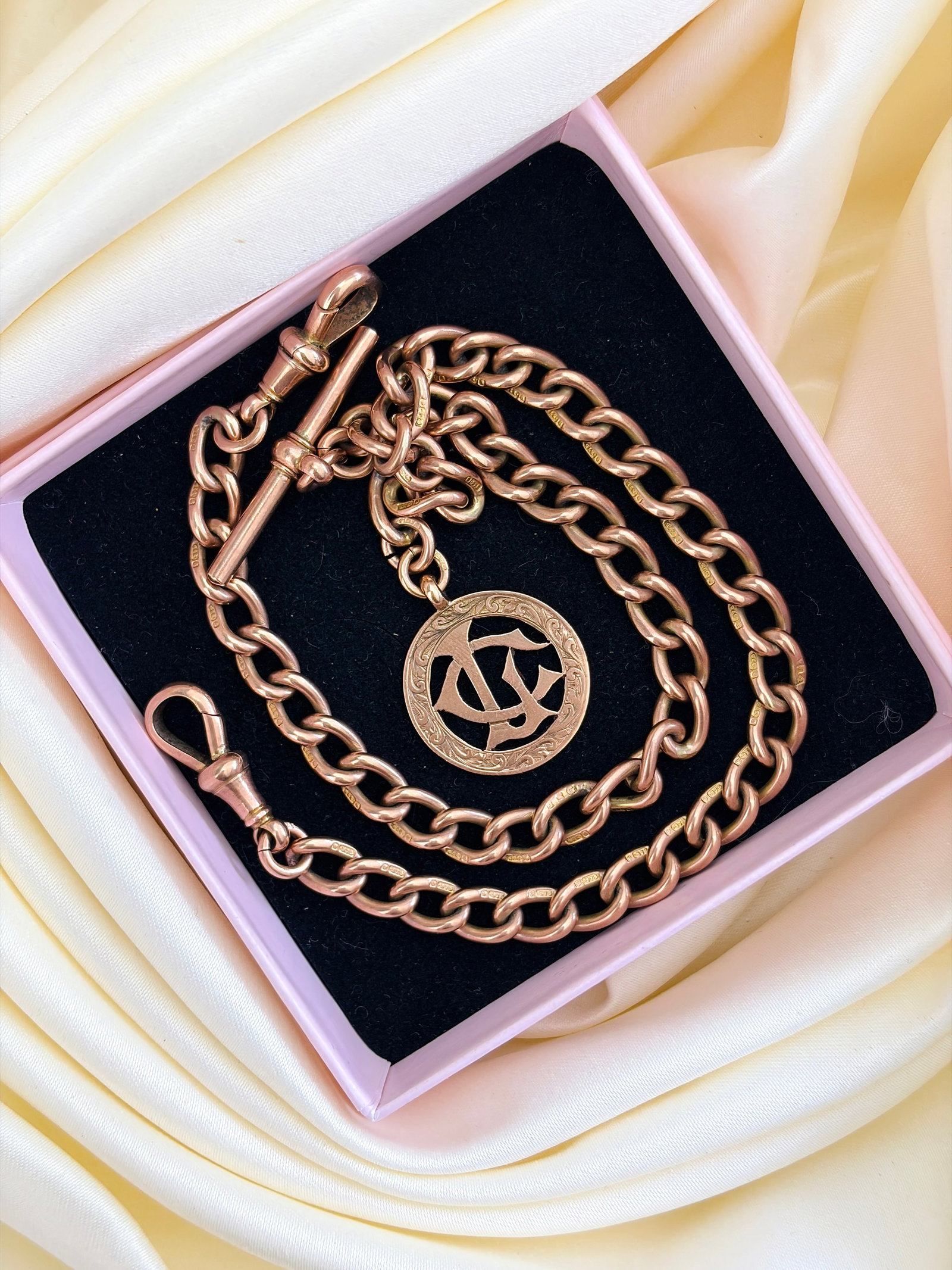 Heavy Antique 9ct Gold Double Albert Chain Necklace With Pendant and Tbar - 7