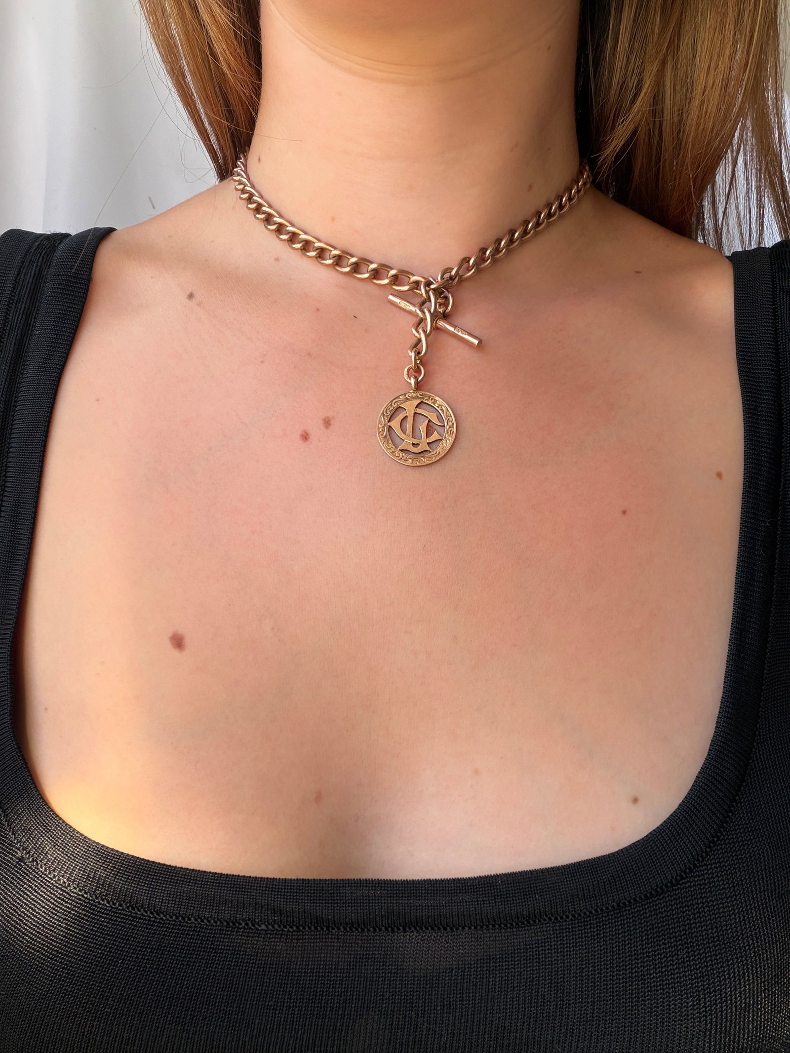 Heavy Antique 9ct Gold Double Albert Chain Necklace With Pendant and Tbar - 8