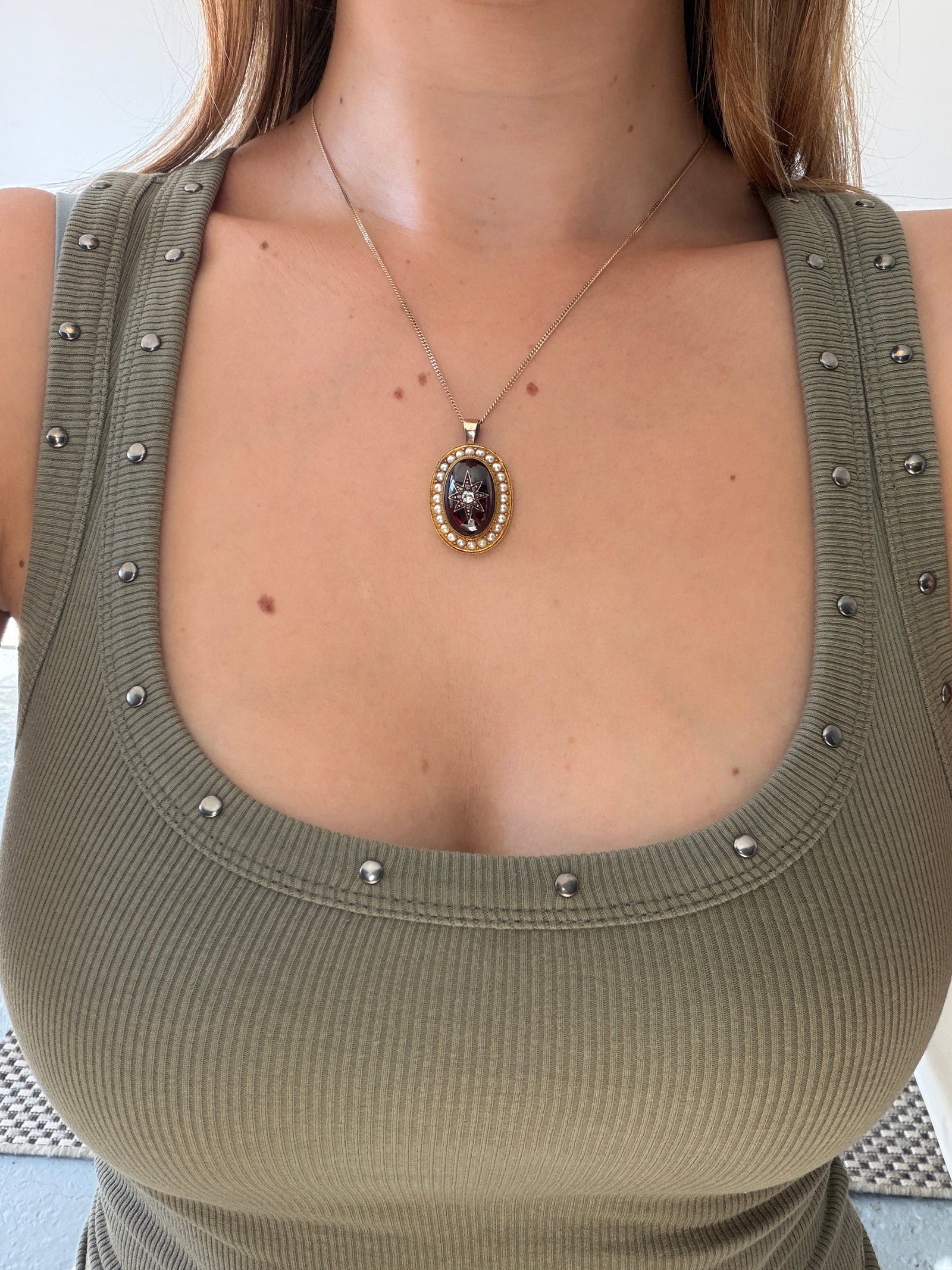 Antique Victorian Cabochon Garnet with Inset Diamond Star and Pearl Surround Pendant in Gold - 2