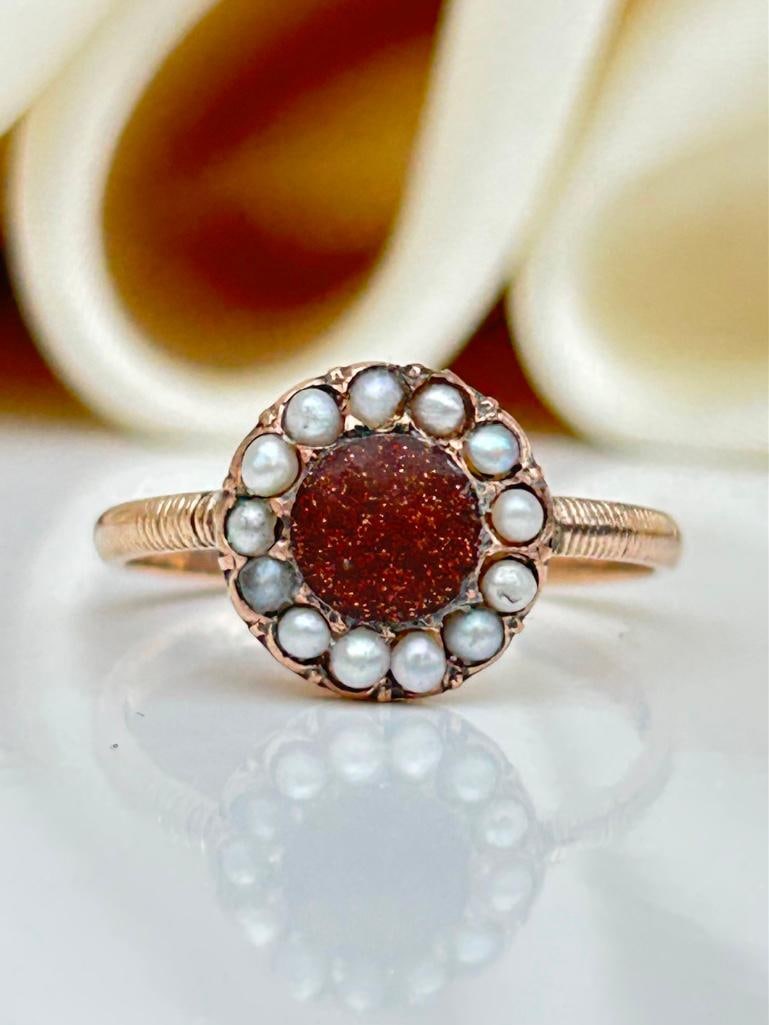 Antique 9ct Gold Goldstone and Pearl Ring: Antique 9ct Gold Goldstone and Pearl Ring so lovely and sweet Measurements: size UK N1/2 US 7 head of ring 10mm x 10mm weight 2g Materials: 