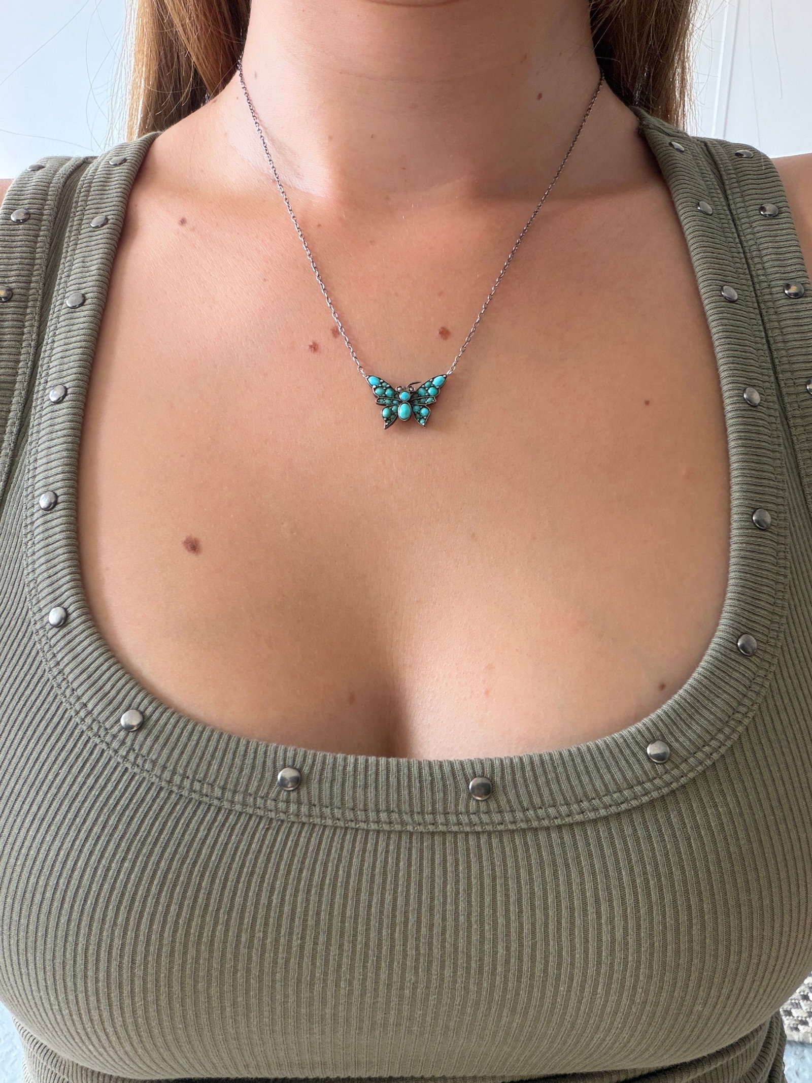 Silver Turquoise and Pearl Butterfly Necklace - 5