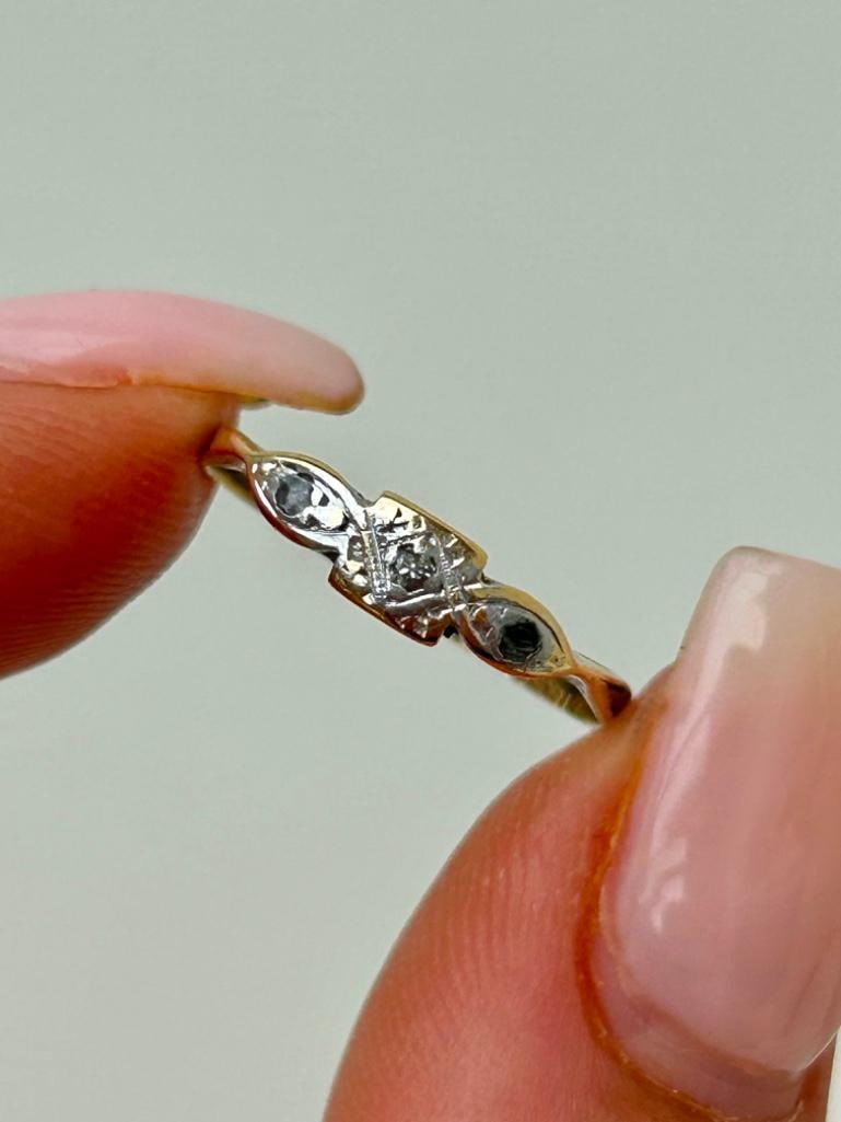Art Deco 18ct Gold and Platinum Diamond 3 Stone Ring: Art Deco 18ct Gold and Platinum Diamond 3 Stone Ring sweet and dainty ring measurements ring size UK L US 6 head of ring 12mm x 3mm weight 1.26g stamped 18ct &