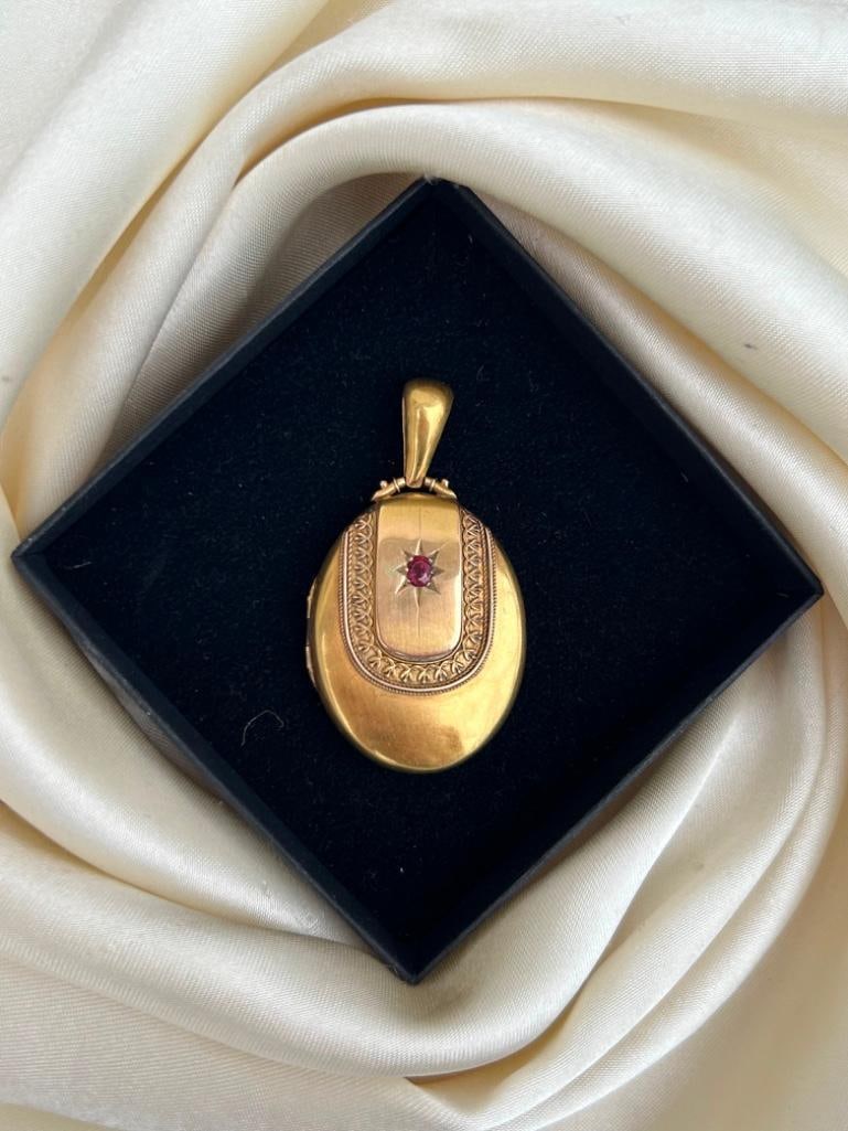 Large Antique 18ct Yellow Gold Ruby Locket Pendant - 3