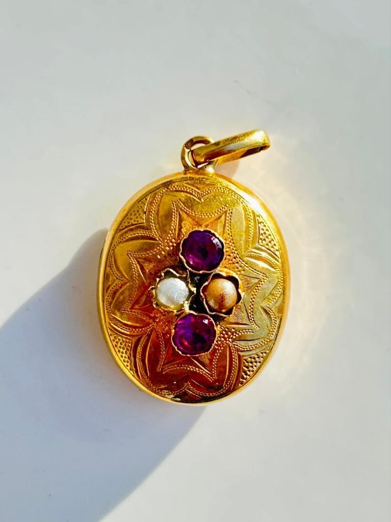 Antique 15ct Gold Pink Tourmaline and Pearl Pendant (1 of 5)