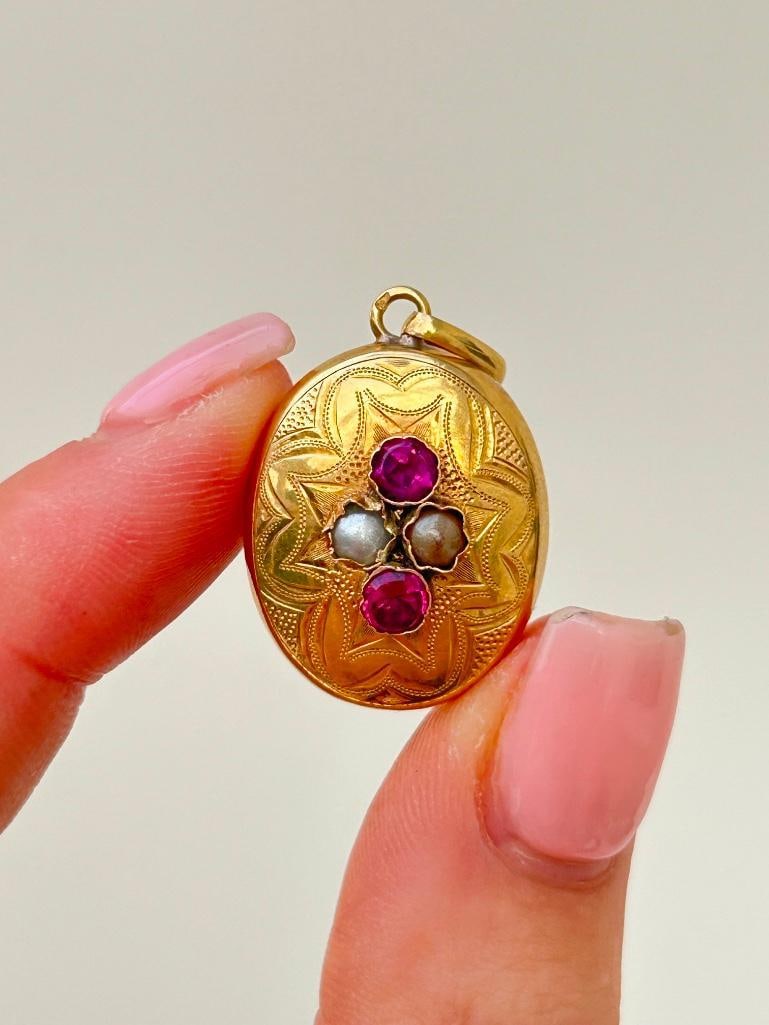 Antique 15ct Gold Pink Tourmaline and Pearl Pendant - 2