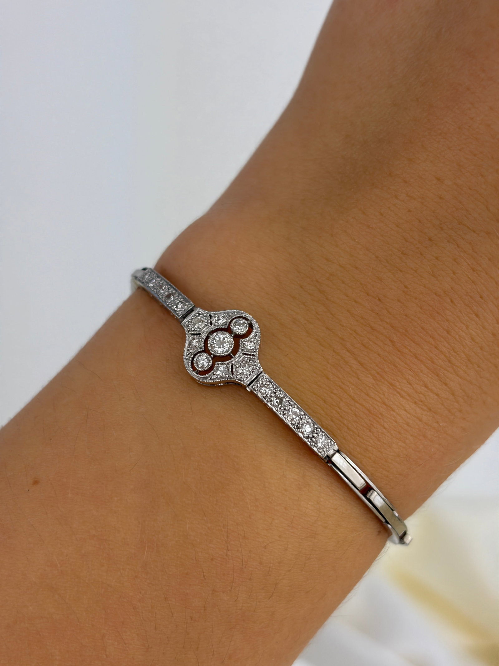 Antique Art Deco 18ct White Gold Diamond Bracelet - 8