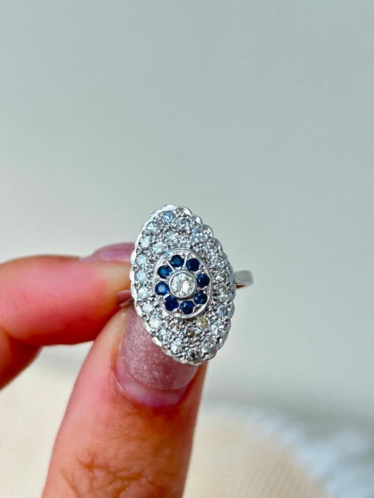 18ct White Gold Diamond and Sapphire Floral Navette Ring - 2