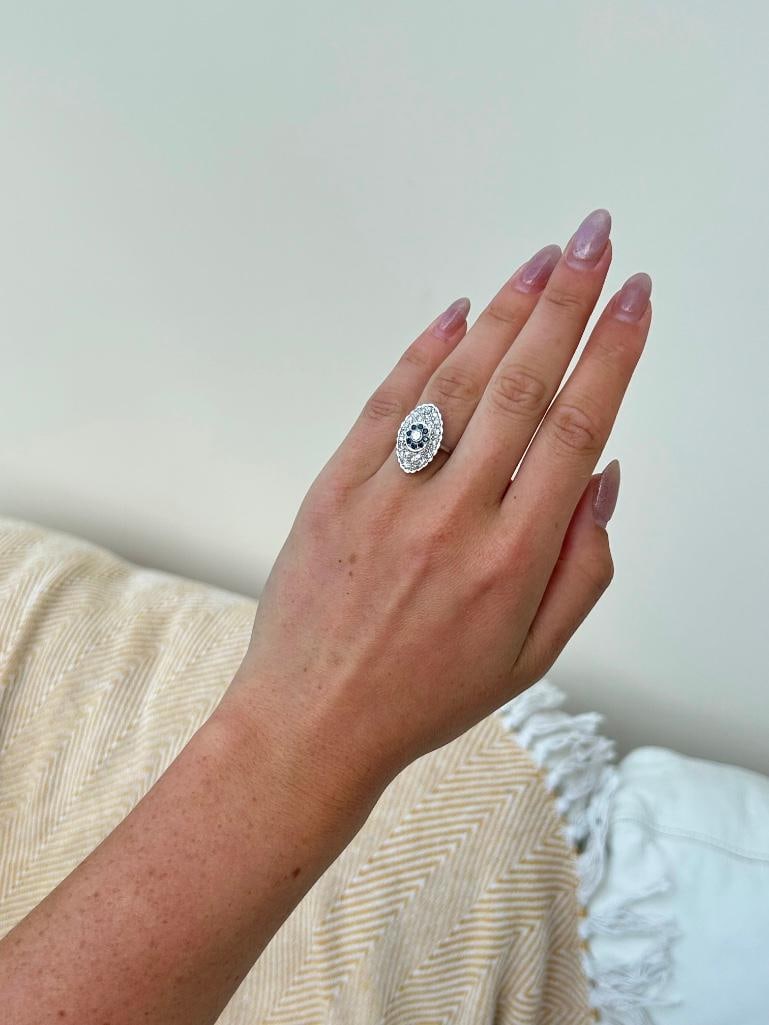 18ct White Gold Diamond and Sapphire Floral Navette Ring - 4