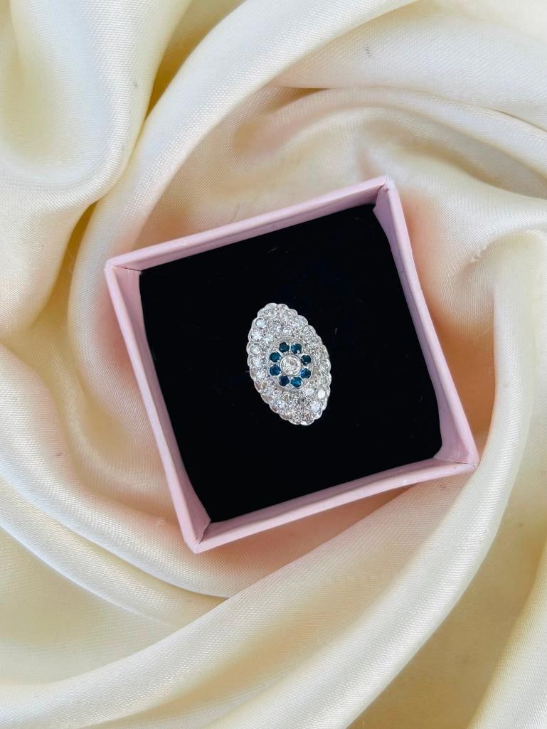 18ct White Gold Diamond and Sapphire Floral Navette Ring - 5