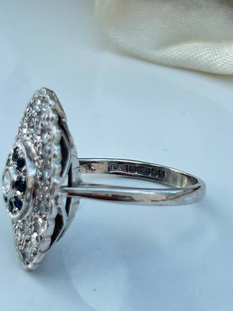 18ct White Gold Diamond and Sapphire Floral Navette Ring - 6