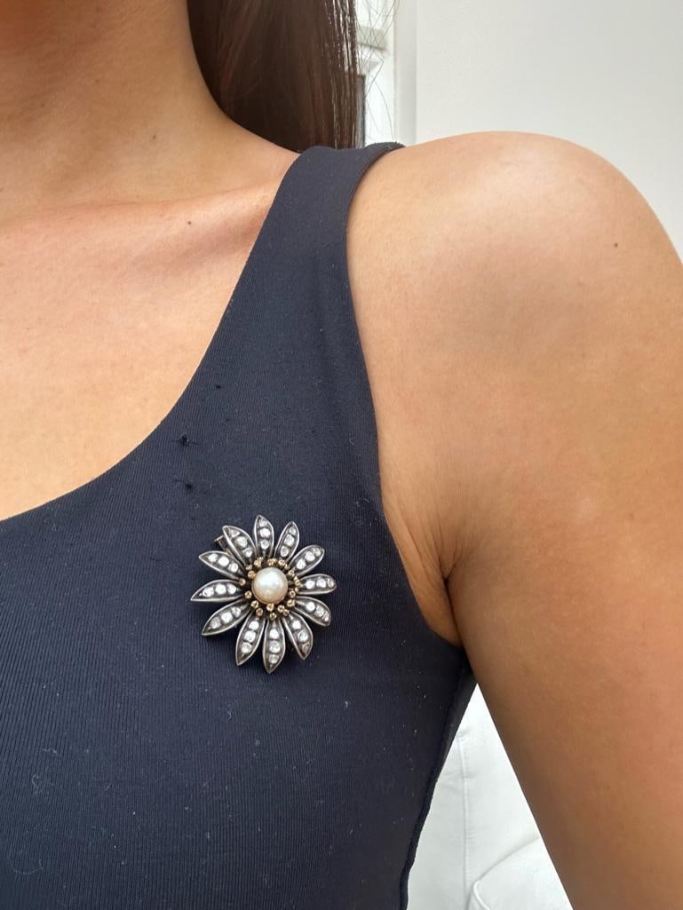 Antique Diamond and Pearl Large Flower Brooch - 2
