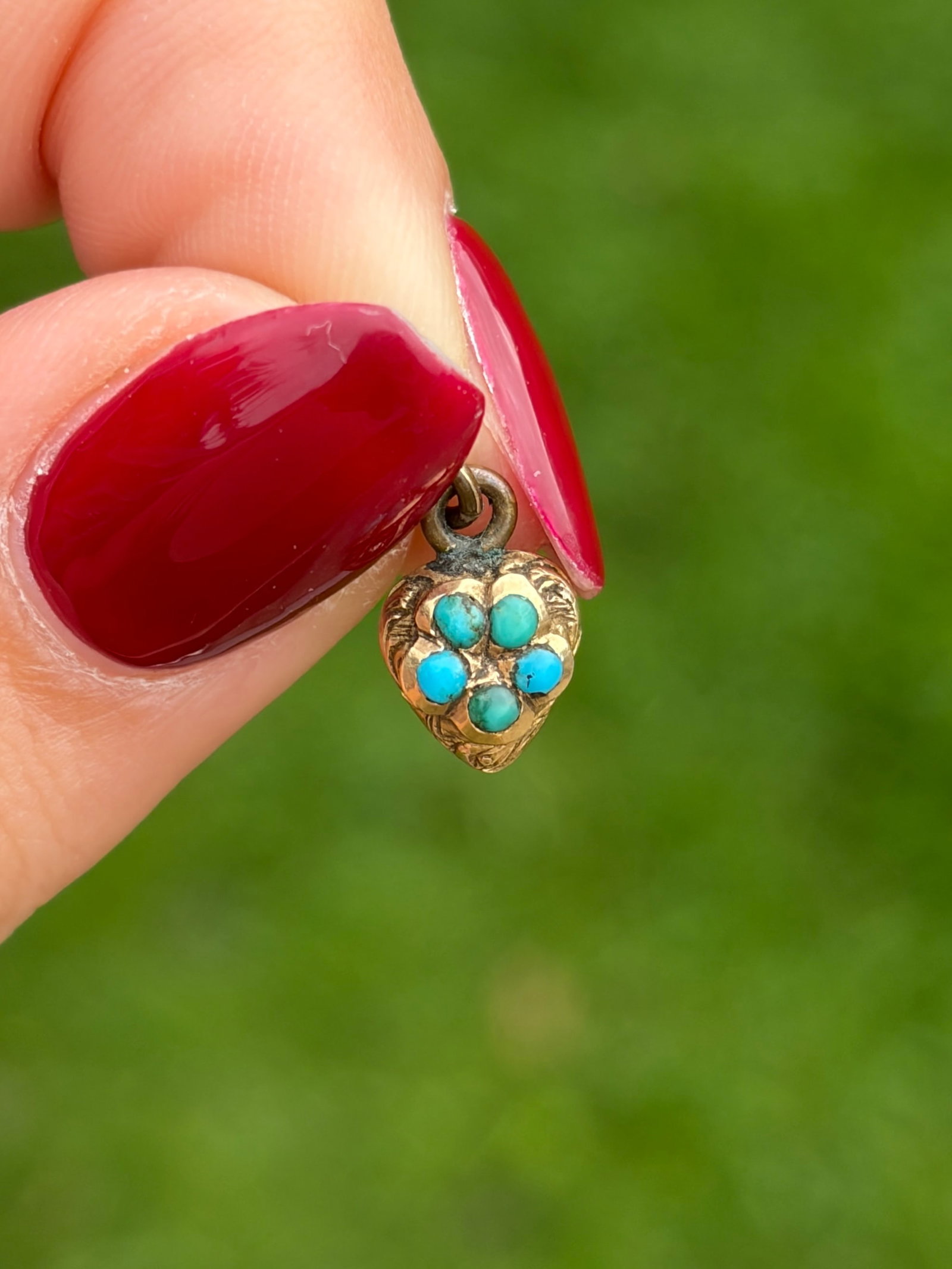 Tiny Antique Turquoise Heart Charm with Locket Back - 9