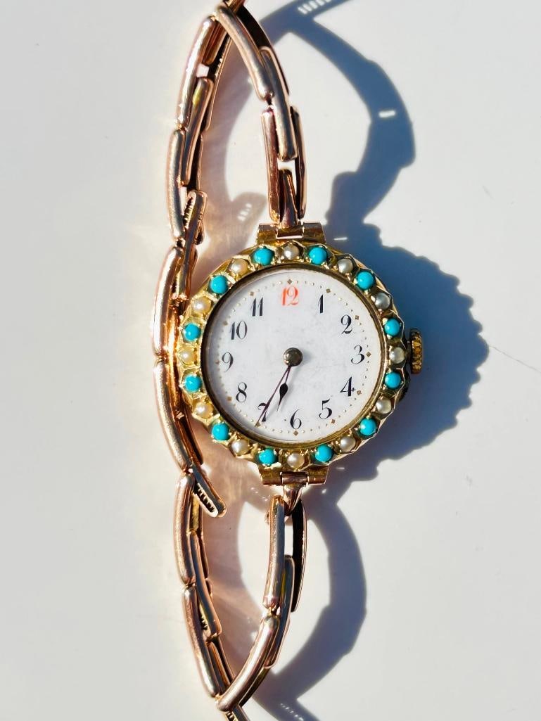 *Antique 9ct Gold Red 12 Watch and Bracelet with Turquoise and Pearl Dial Surround (1 of 12)