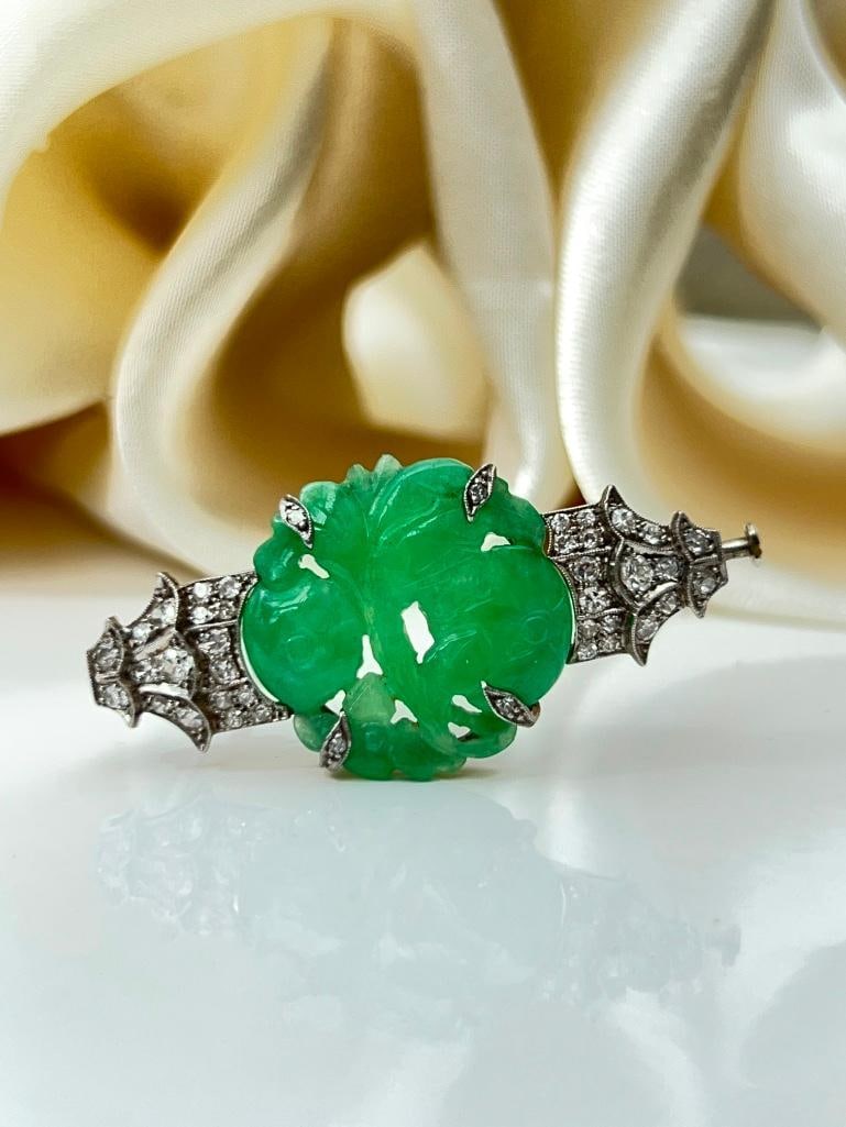 Art deco large carved jade and diamond brooch - 7