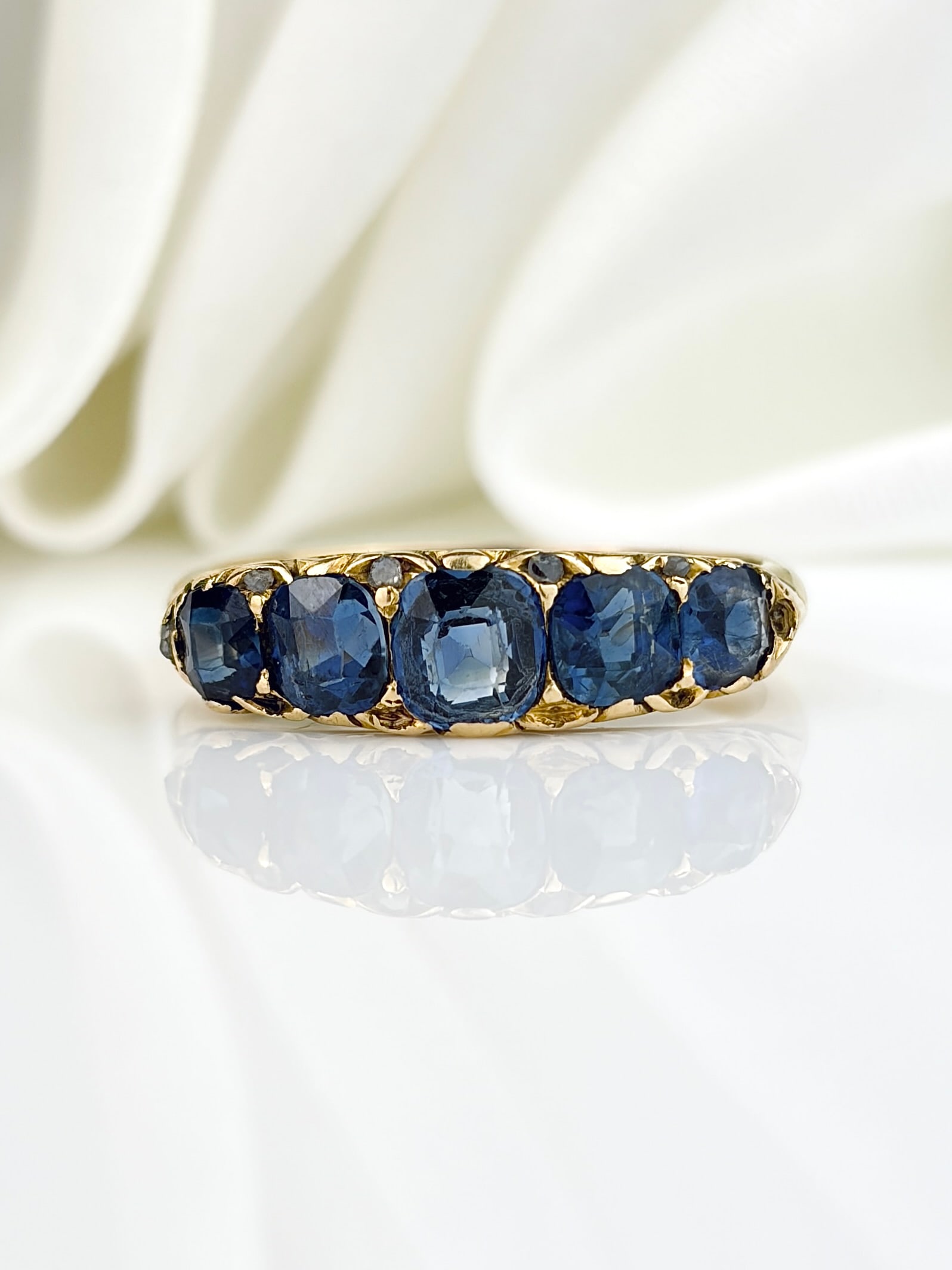 Antique Chunky 18ct Yellow Gold Sapphire and Diamond Points Five Stone Ring (1 of 10)