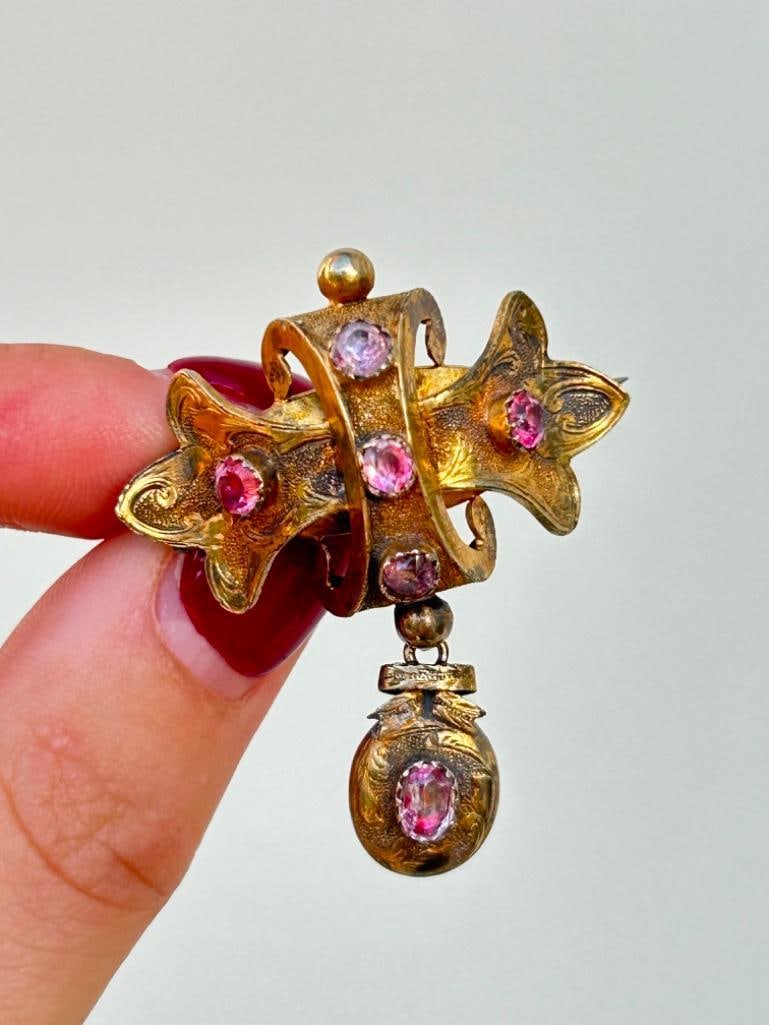 Antique Late Georgian Pink Paste Topaz Locket Back Double Brooch in 15ct Yellow Gold - 2