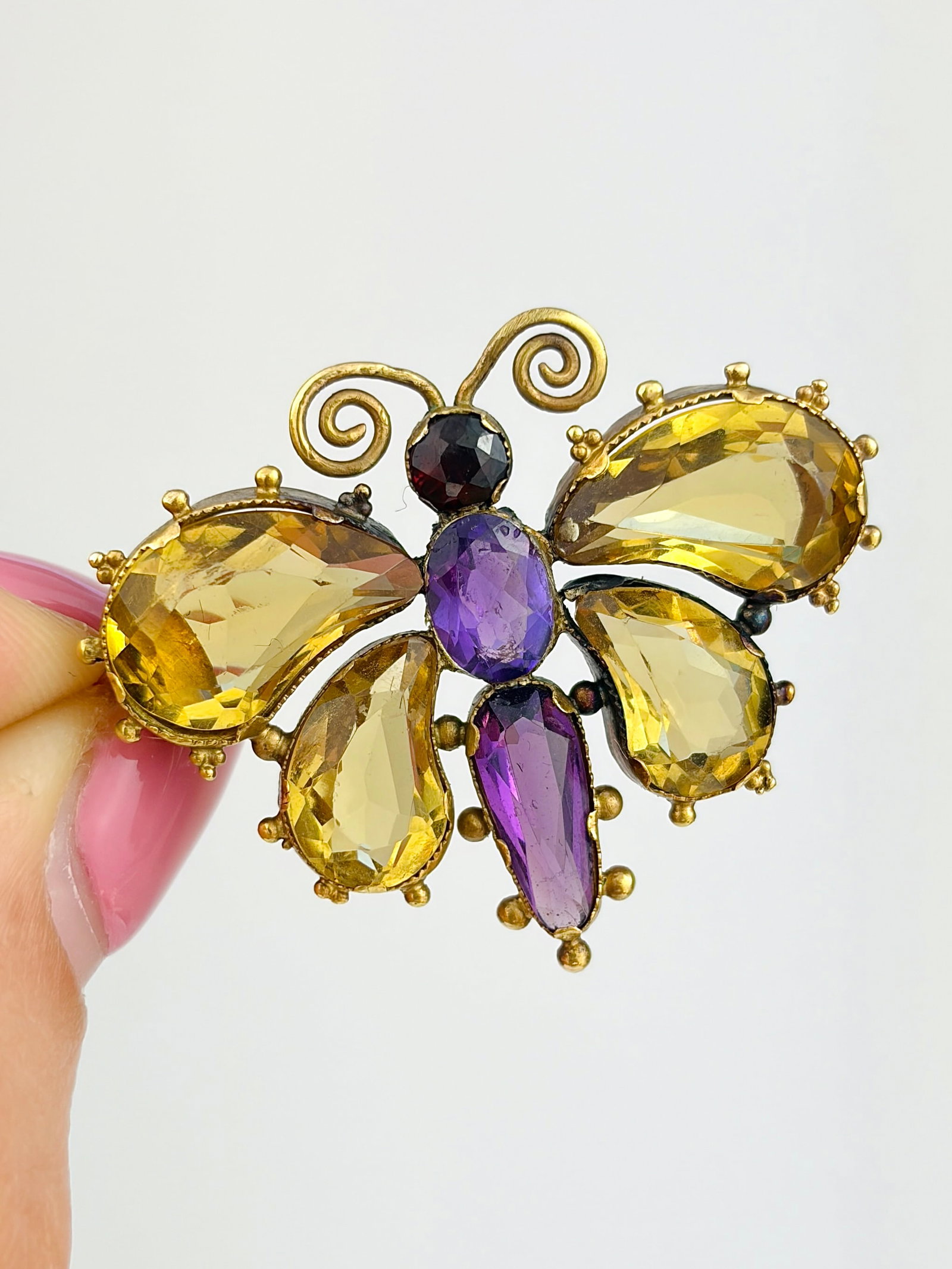 ANTIQUE 18CT YELLOW GOLD CITRINE, AMETHYST AND RED TOURMALINE BUTTERFLY BROOCH (1 of 7)