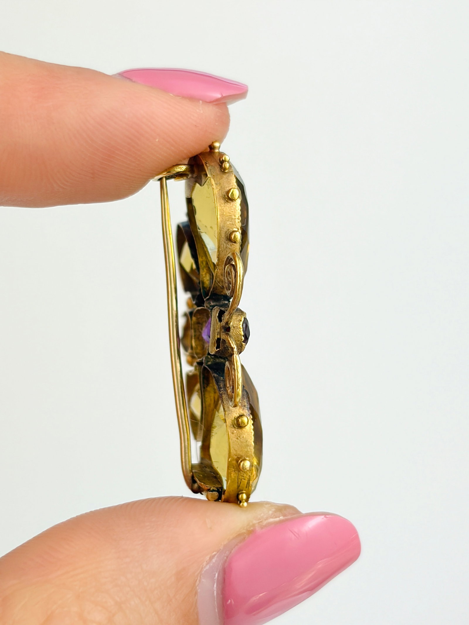 ANTIQUE 18CT YELLOW GOLD CITRINE, AMETHYST AND RED TOURMALINE BUTTERFLY BROOCH - 5