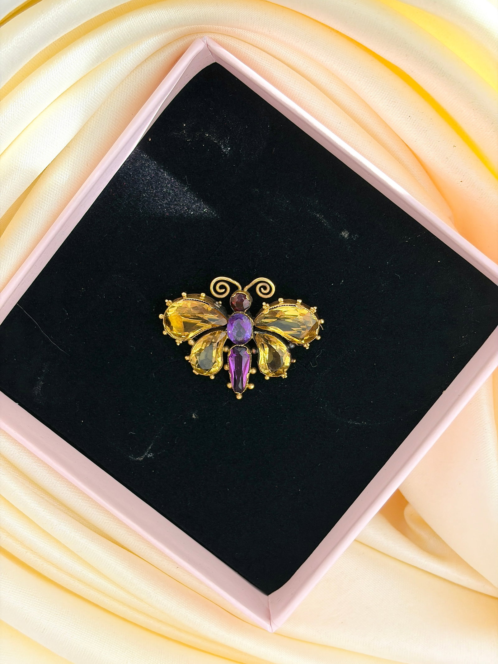 ANTIQUE 18CT YELLOW GOLD CITRINE, AMETHYST AND RED TOURMALINE BUTTERFLY BROOCH - 7