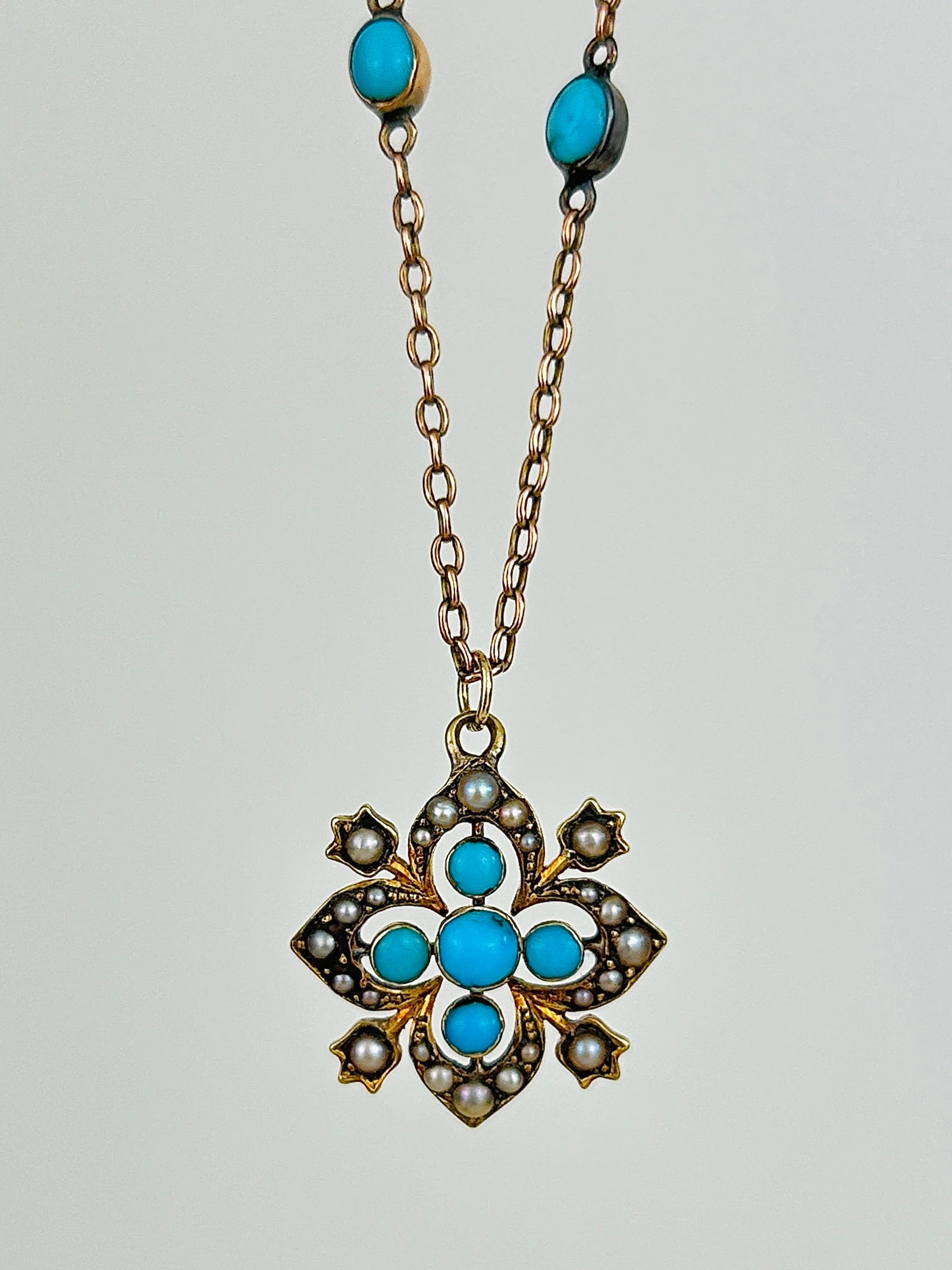 Antique BOXED Victorian 15ct Yellow Gold Turquoise and Pearl Flower Necklace - 11