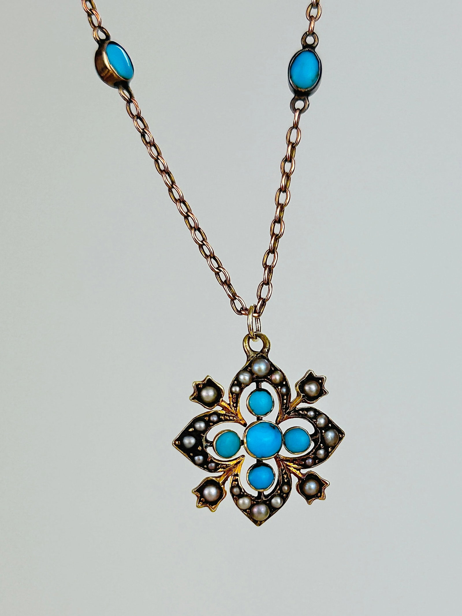 Antique BOXED Victorian 15ct Yellow Gold Turquoise and Pearl Flower Necklace - 4