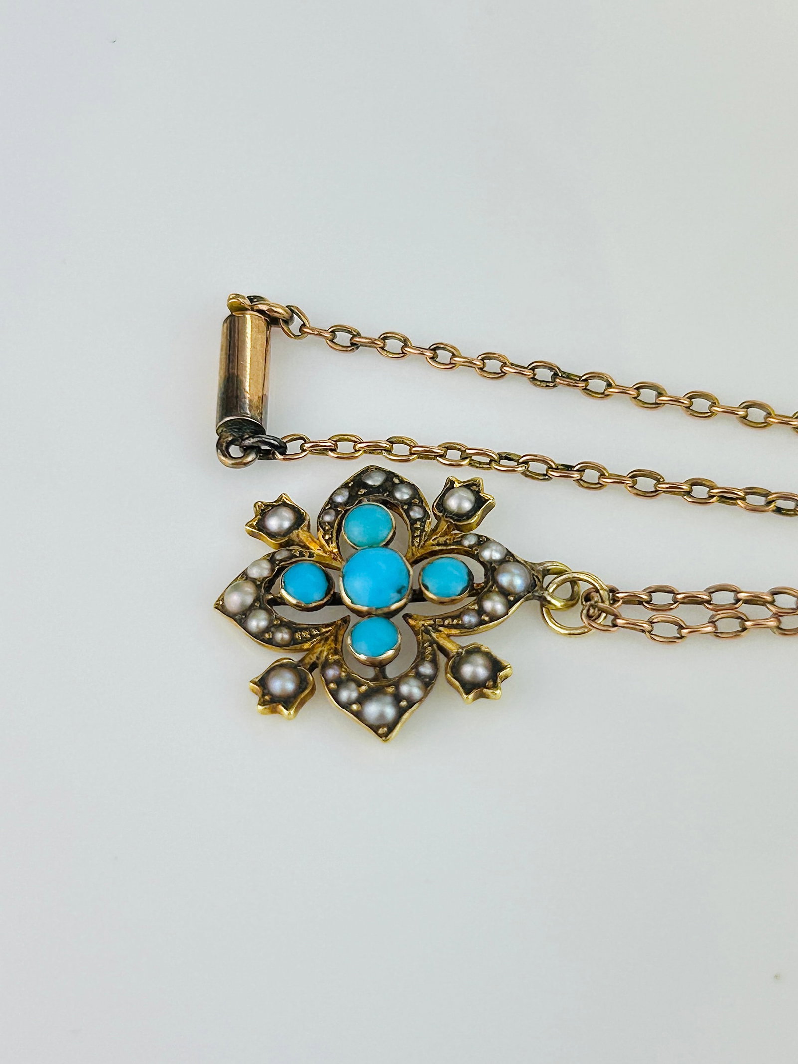 Antique BOXED Victorian 15ct Yellow Gold Turquoise and Pearl Flower Necklace - 6