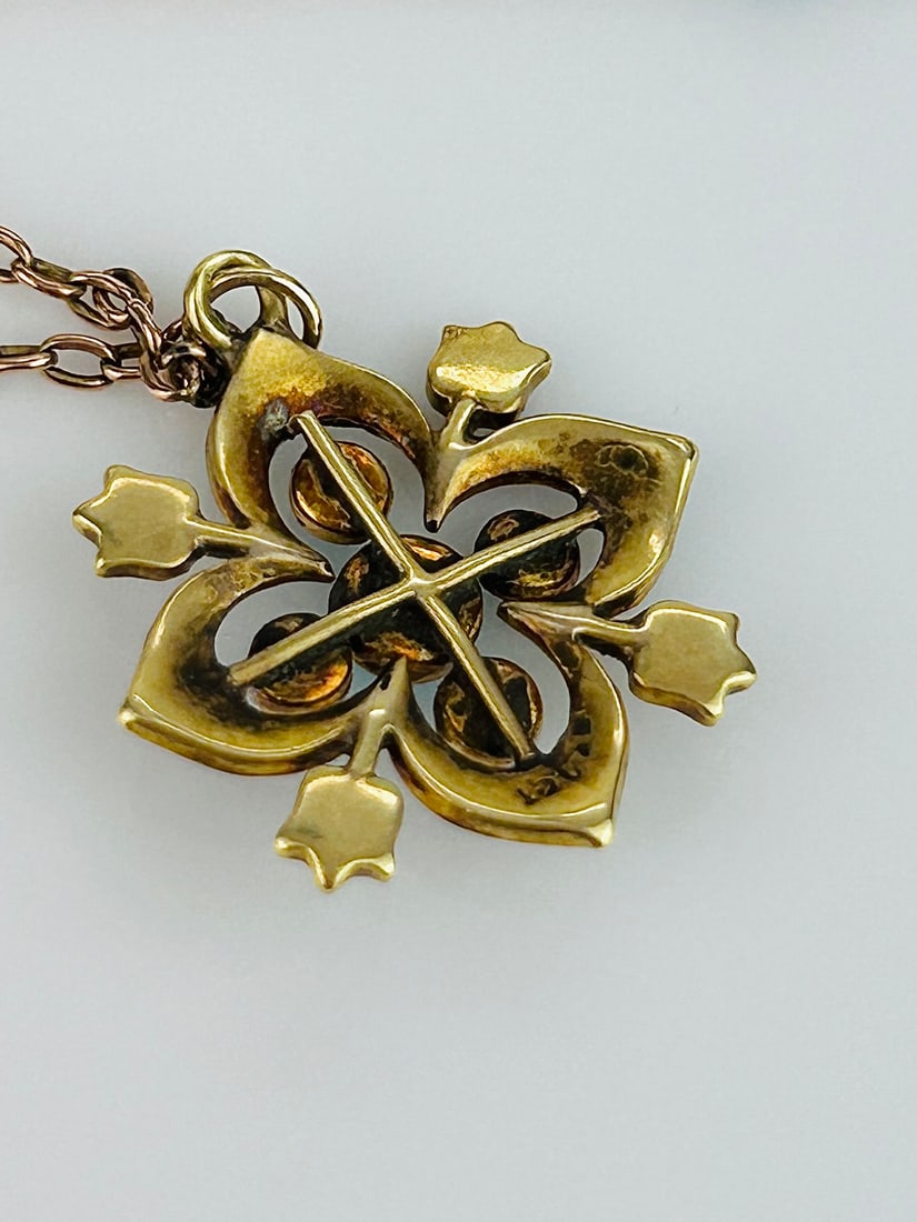 Antique BOXED Victorian 15ct Yellow Gold Turquoise and Pearl Flower Necklace - 7