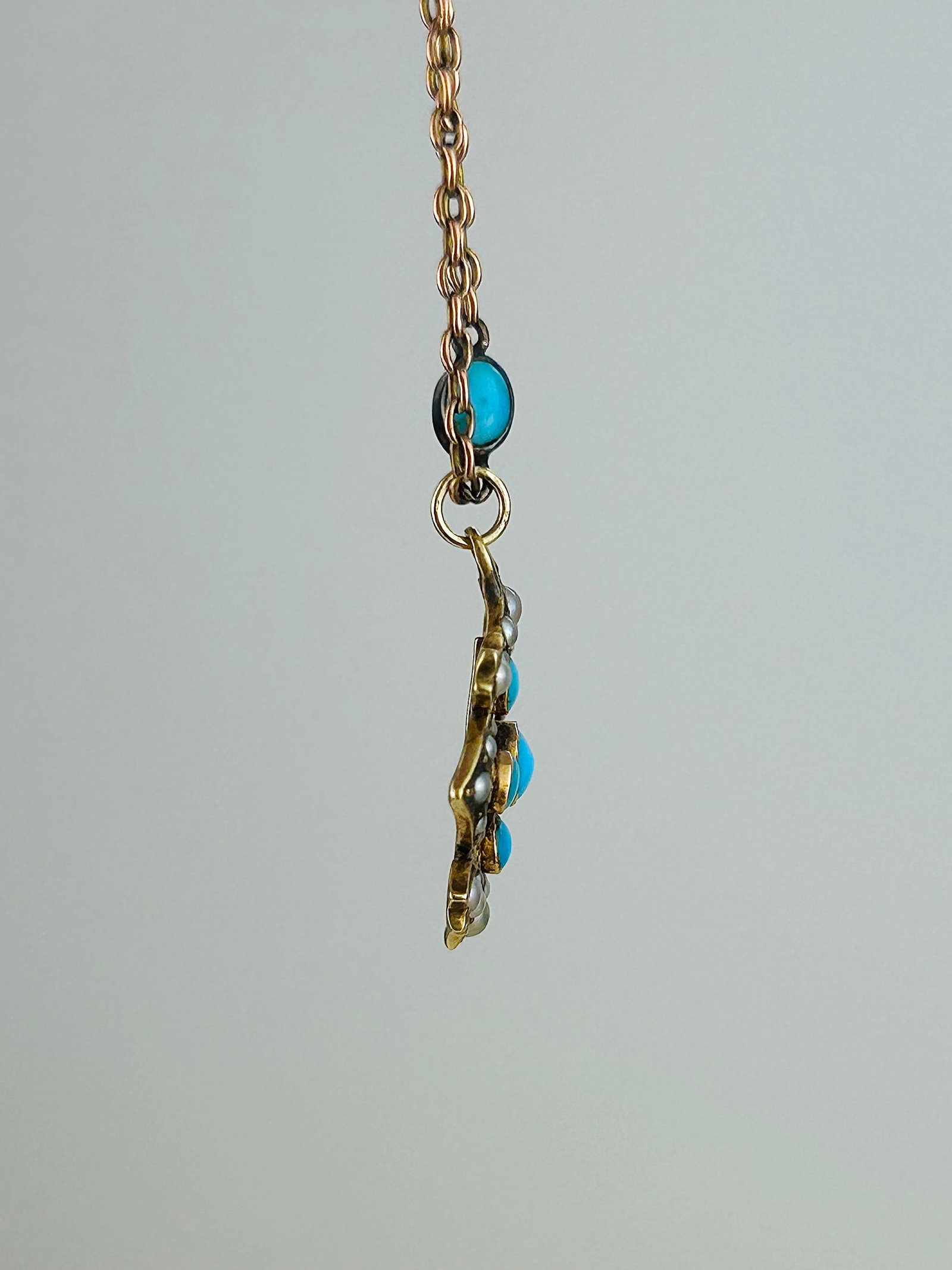 Antique BOXED Victorian 15ct Yellow Gold Turquoise and Pearl Flower Necklace - 9